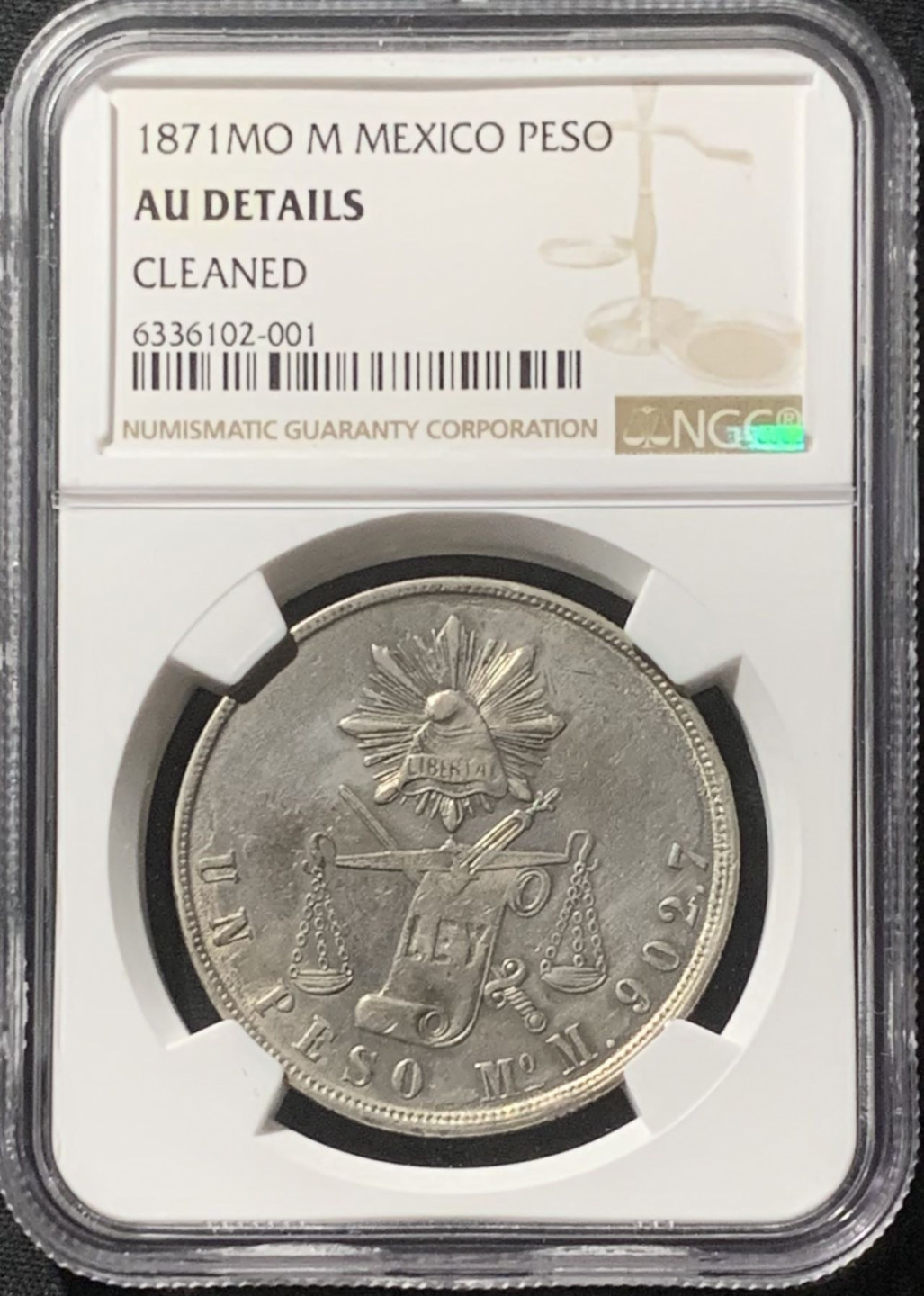 紫瑗钱币——第160期拍卖 墨西哥 1871年 MO M 在华流通 天平鹰洋 1比索 银币 NGC AU Detail