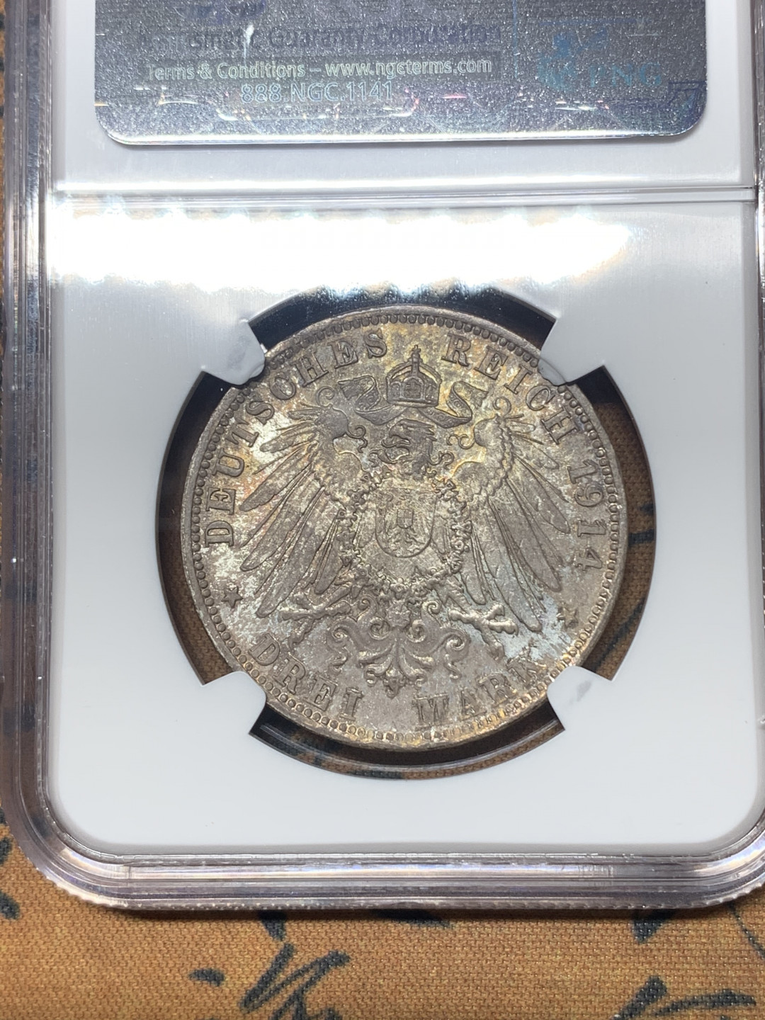 《竞宝斋》钱币微拍-第23场（全场顺丰包邮） ngc-ms64 Eric P.Newman Collection 纽曼集藏 1914年巴伐利亚路德维希三世三马克 名家旧藏 欧陆炫彩老包浆 阳光沥鹰徽 梦回神罗