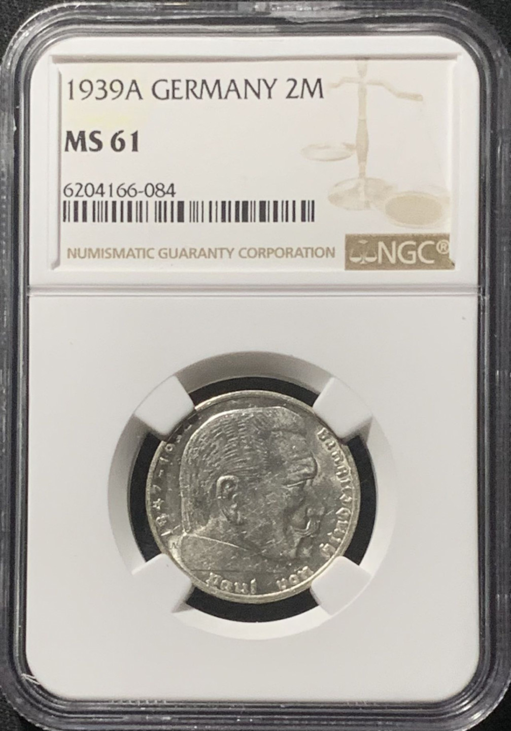 紫瑗钱币——第160期拍卖 德国 1939年 A版 兴登堡 字符版 2马克 银币 NGC MS61