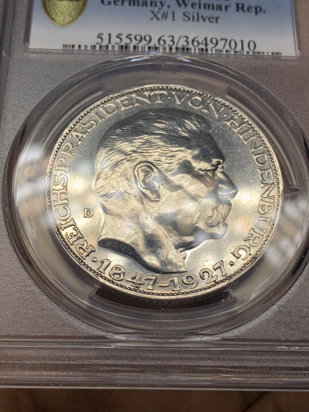 《竞宝斋》钱币微拍-第23场（全场顺丰包邮） PCGS-SP63 1927年德国兴登堡80大寿 5马克币章 SP版本极为少见外加5MK标注 所见不多 喜欢别错过