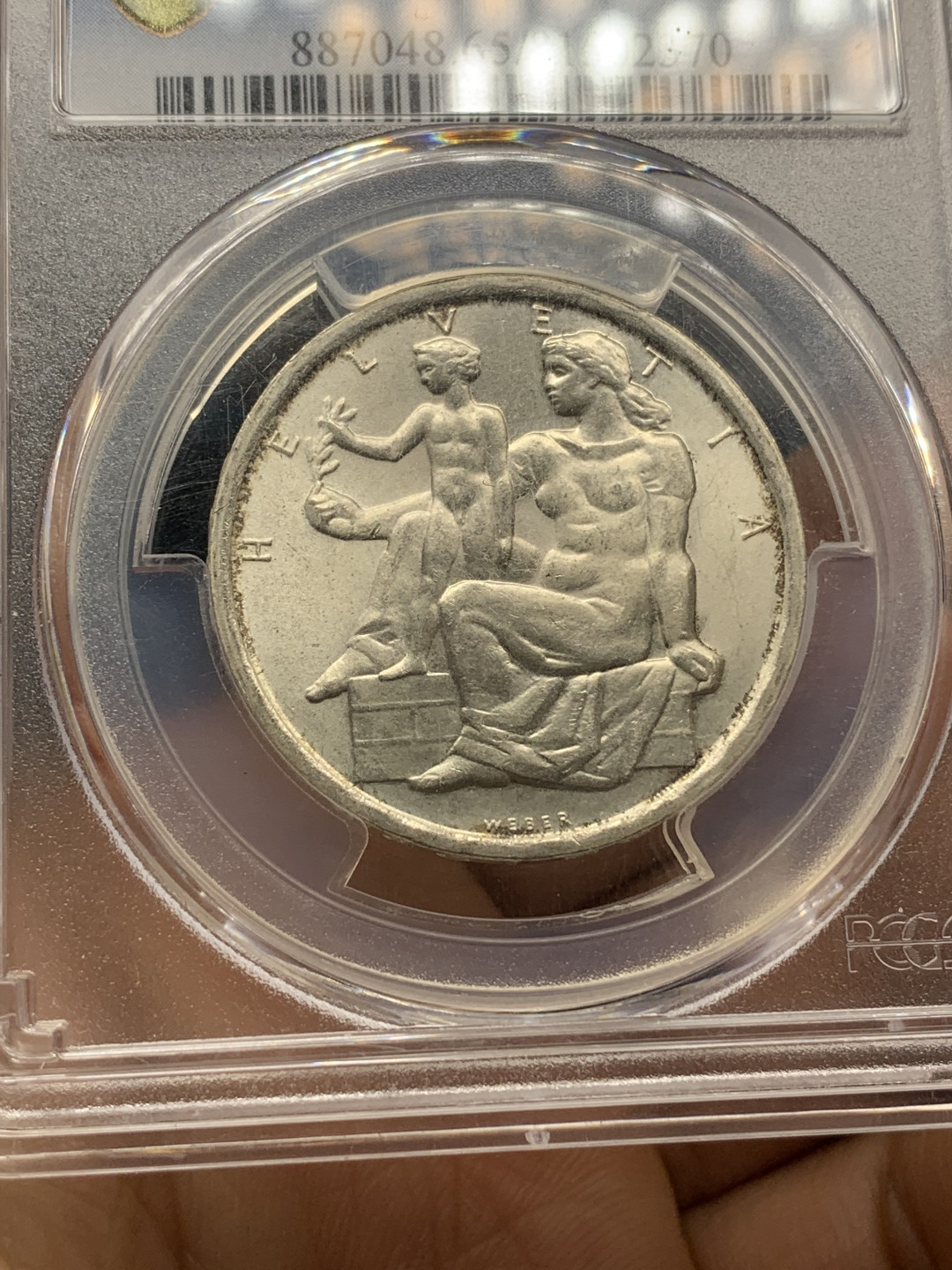 《竞宝斋》钱币微拍-第23场（全场顺丰包邮） pcgs-ms65 1948年瑞士5法郎银币 宪法百年纪念 车轮光状态佳 银光四溢 有磨砂感 正面是瑞士女神赫尔维蒂娅的裸体形象 支撑角有损