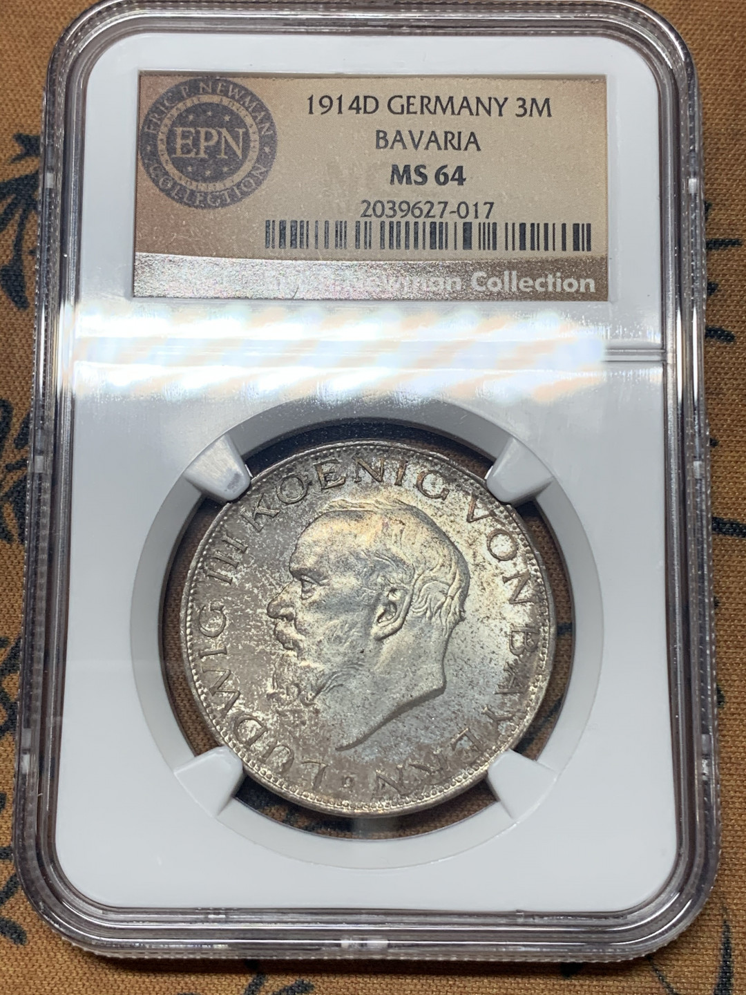 《竞宝斋》钱币微拍-第23场（全场顺丰包邮） ngc-ms64 Eric P.Newman Collection 纽曼集藏 1914年巴伐利亚路德维希三世三马克 名家旧藏 欧陆炫彩老包浆 阳光沥鹰徽 梦回神罗