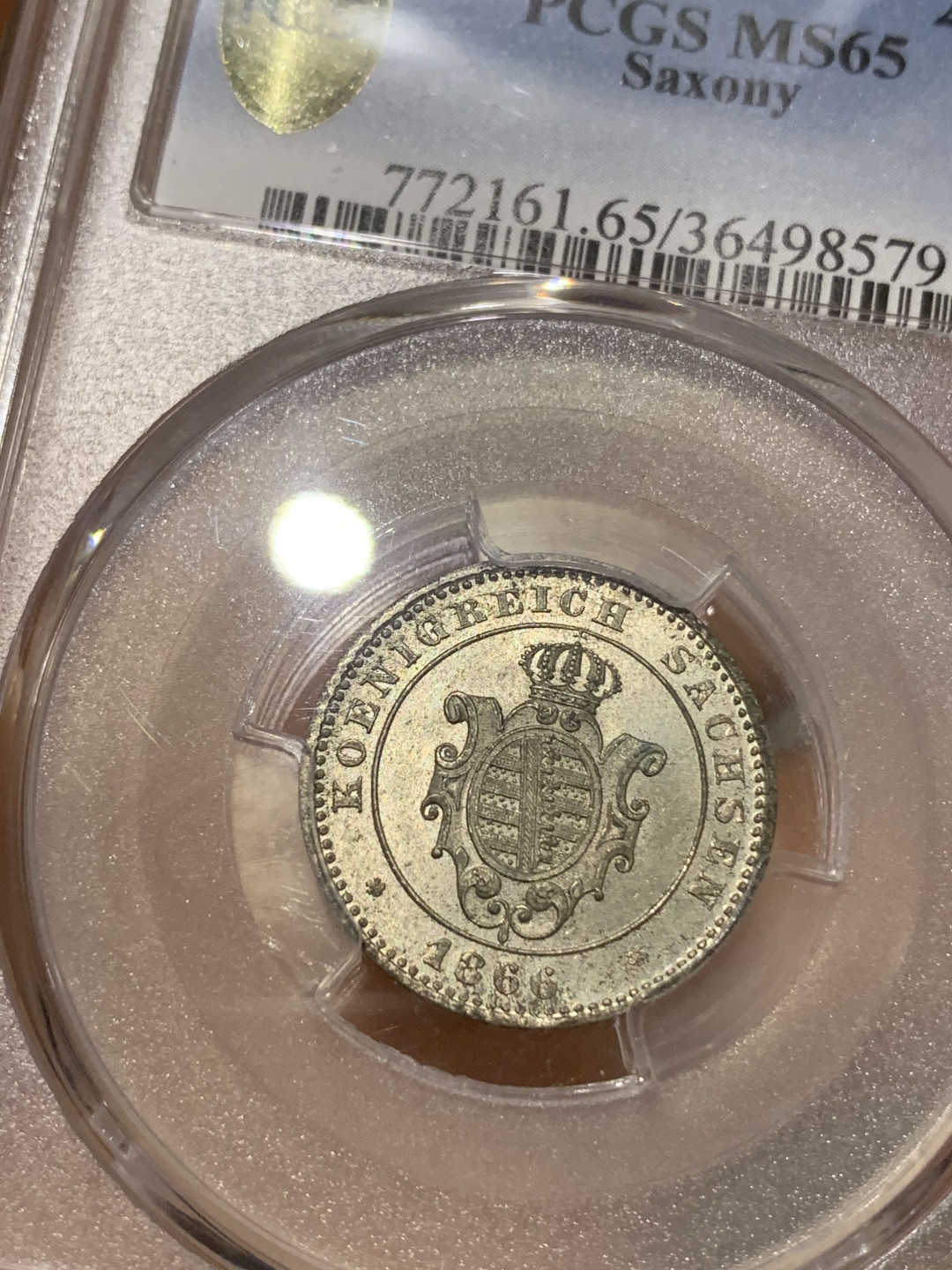 《竞宝斋》钱币微拍-第23场（全场顺丰包邮） 冠军分 PCGS MS65 德国 萨克森1866年 2新格罗申银币 保存完好，状态无忧