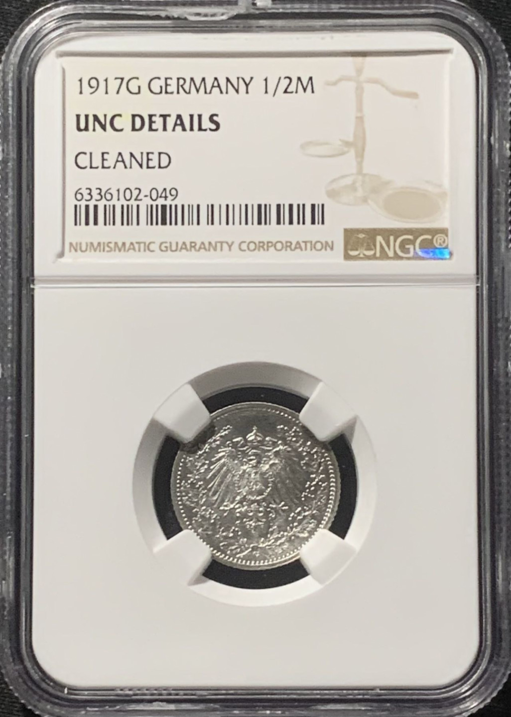 紫瑗钱币——第160期拍卖 德国 1917年 G版 第二帝国 1/2马克 银币 NGC UNC Detail