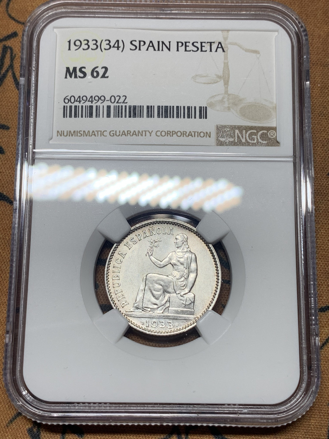《竞宝斋》钱币微拍-第23场（全场顺丰包邮） NGC MS62 1933（34）版 西班牙 内战版 1比塞塔银币 