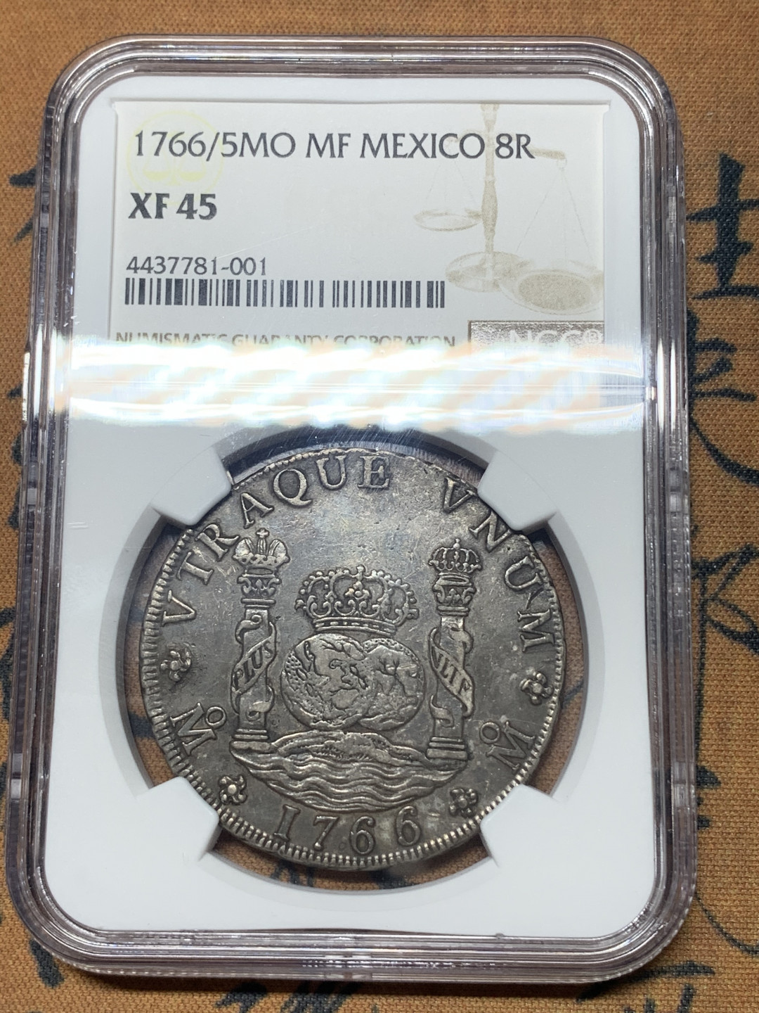 《竞宝斋》钱币微拍-第23场（全场顺丰包邮） NGC-XF45  骑字版1766/5年 墨西哥  双柱地球 骑字8 里亚尔银币  骑字非常少见  黑油彩  