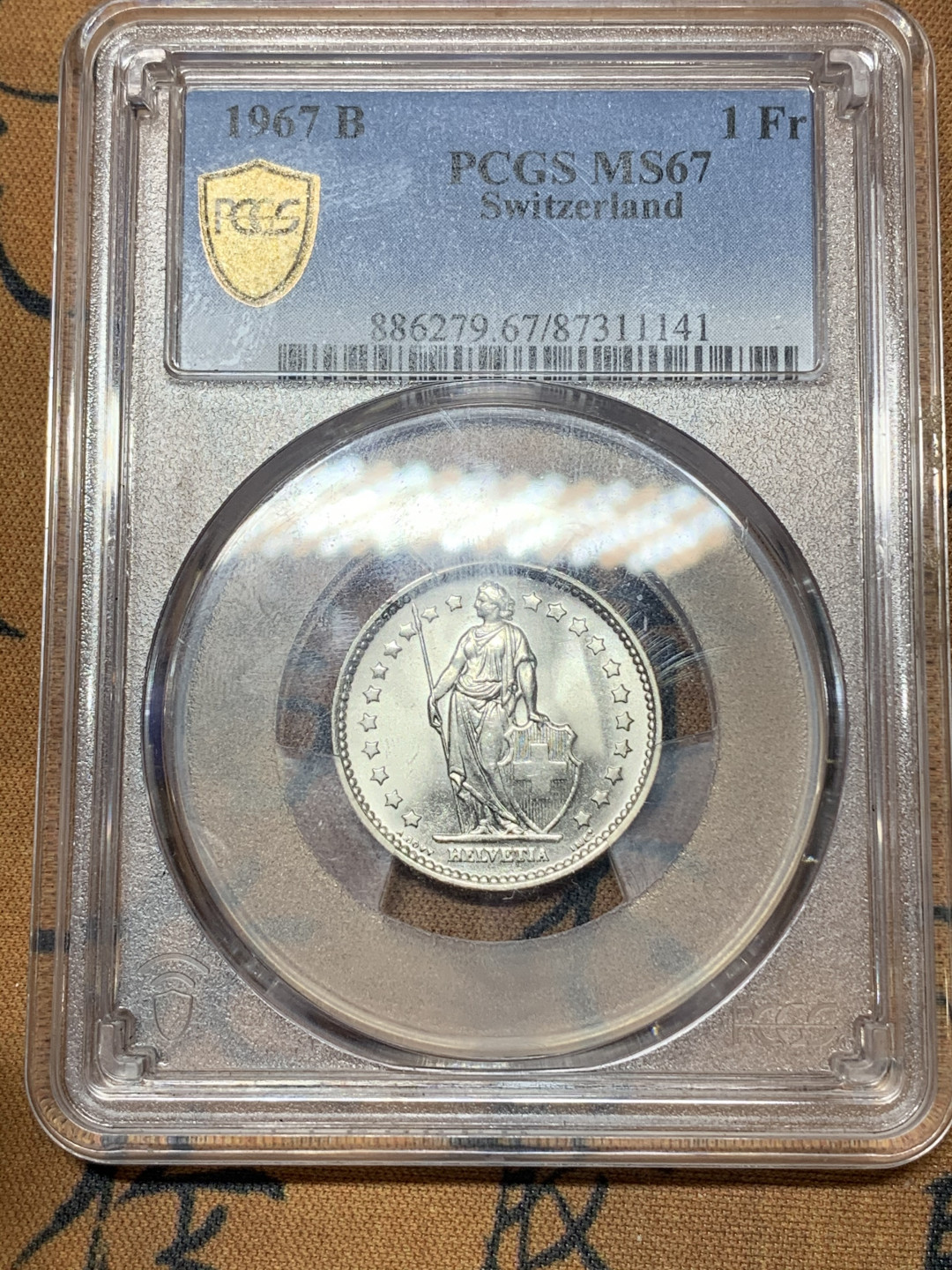 《竞宝斋》钱币微拍-第23场（全场顺丰包邮） PCGS-MS67 瑞士 1967B 1法郎 女神 银币 转光强烈 构图精美 高分小辅币，关门银币 背部支撑位置有损