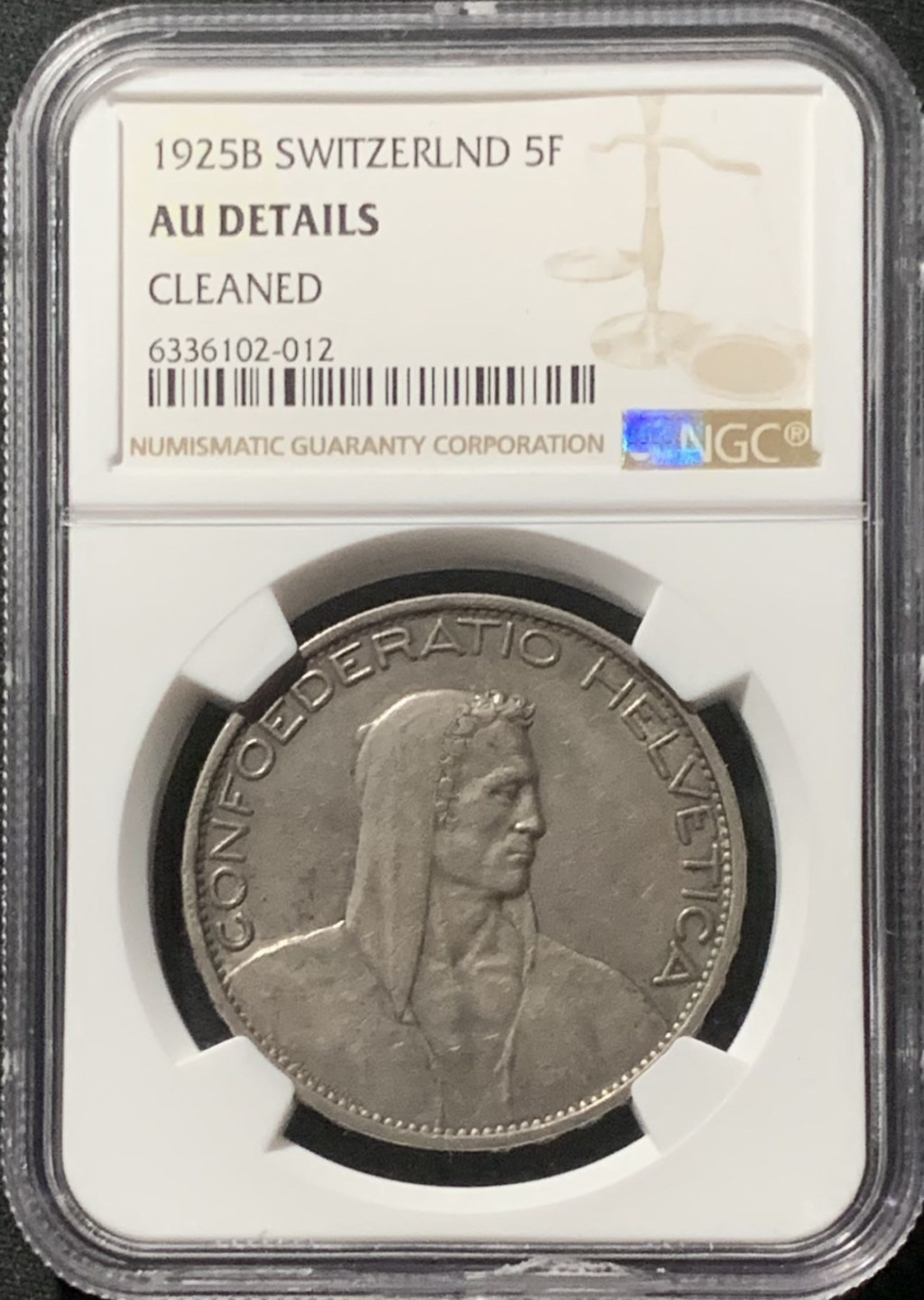 紫瑗钱币——第160期拍卖 瑞士 1925年 威廉·泰尔 5马克 银币 大型 NGC AU Detail