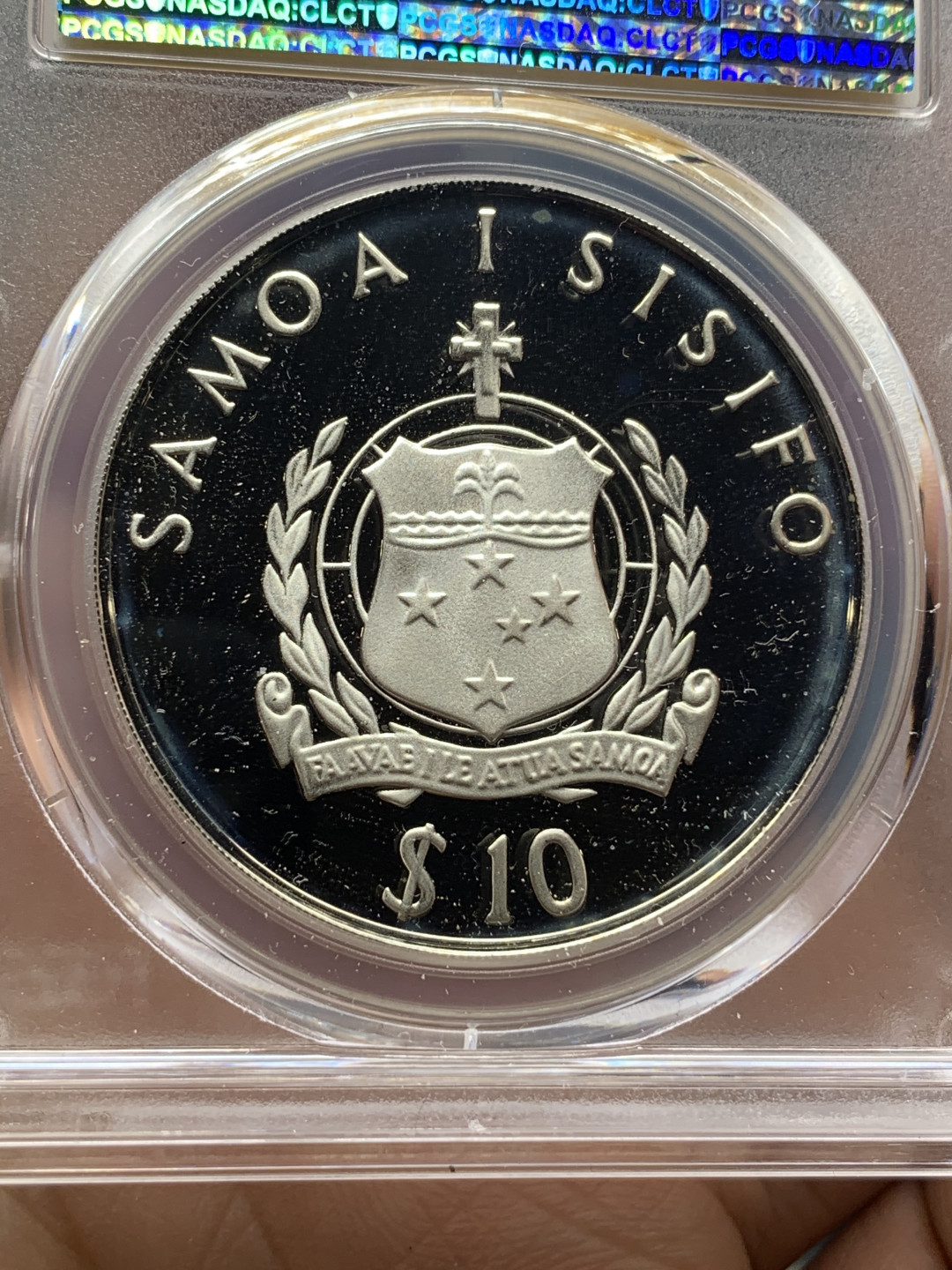 《竞宝斋》钱币微拍-第23场（全场顺丰包邮） PCGS PR68DCAM 萨摩亚1986年10塔拉精制大银币 925银，重量31g，直径38.7mm。