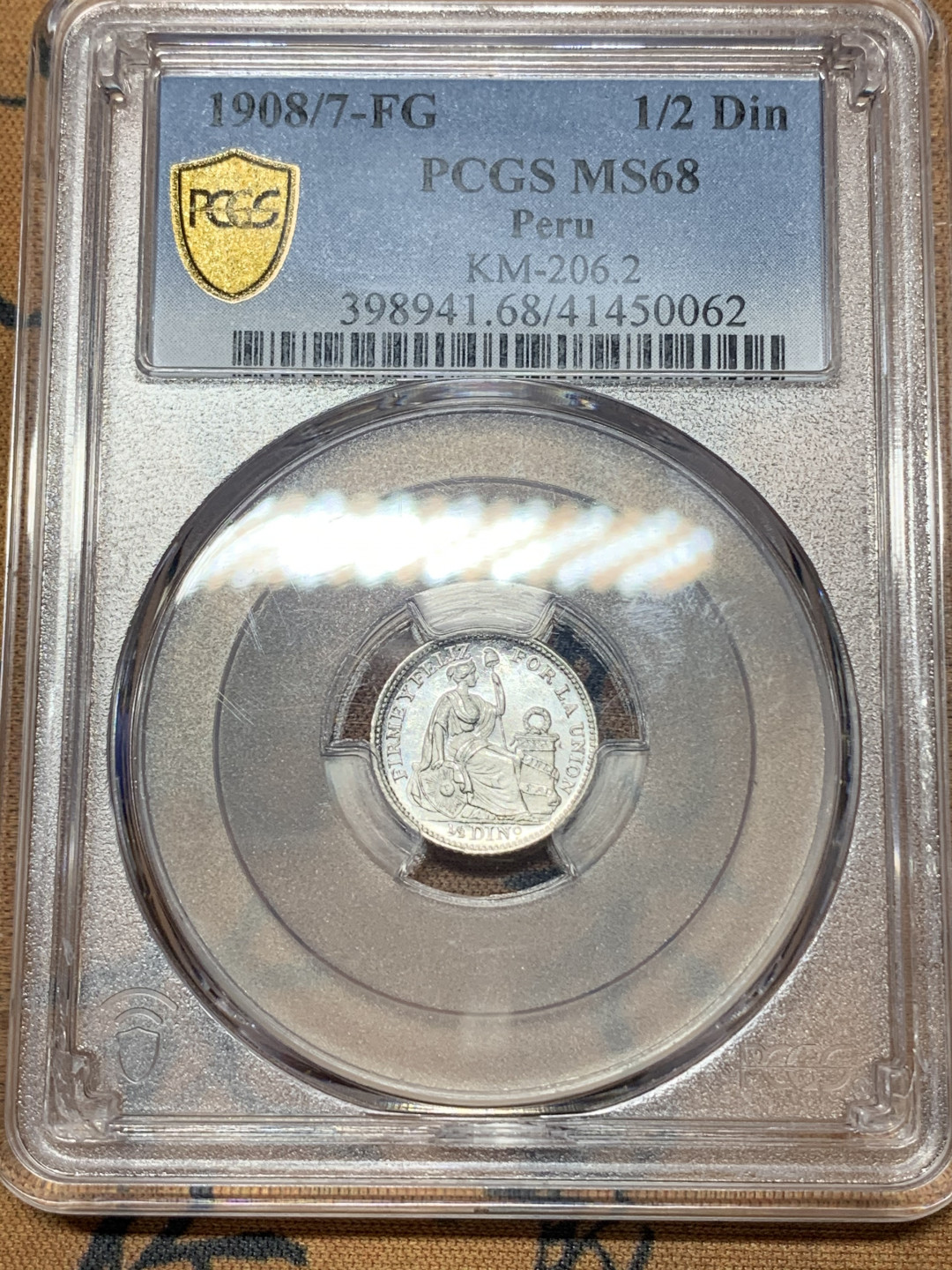 《竞宝斋》钱币微拍-第23场（全场顺丰包邮） pcgs-ms68！1908/7年秘鲁女神小坐洋 少见骑字版 高分小镜子 顶级冠军分 百年前的币 现代币的分数 支撑角有损