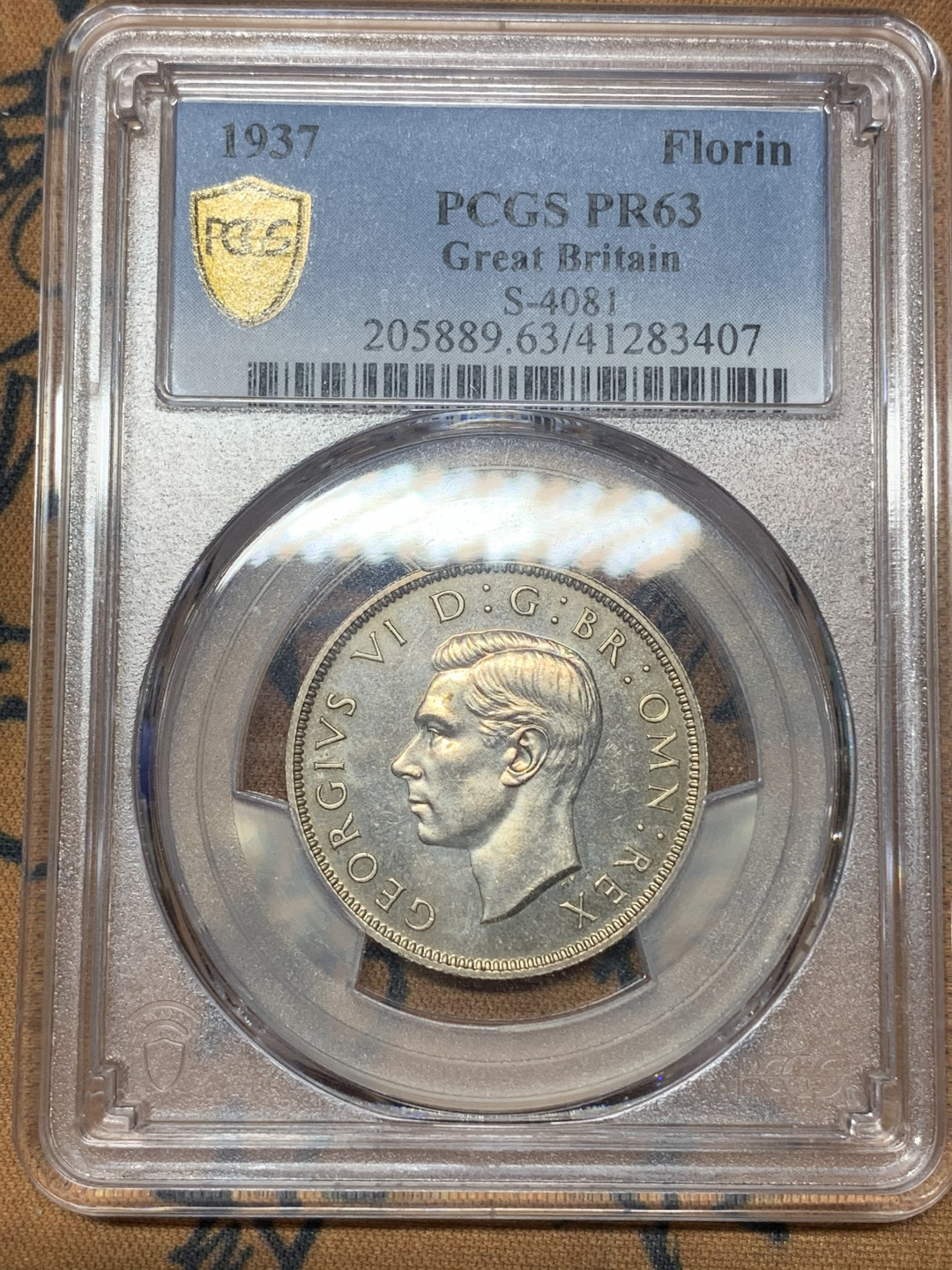 《竞宝斋》钱币微拍-第23场（全场顺丰包邮） PCGS PR63 英国1937年 乔六 精制版 福林银币 完美细节 值得拥有