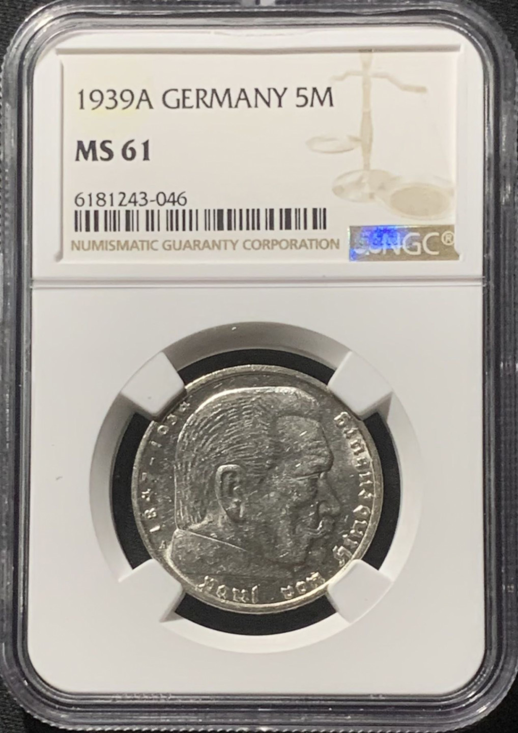 紫瑗钱币——第160期拍卖 德国 1939年 A版 兴登堡 字符版 5马克 银币 NGC MS61