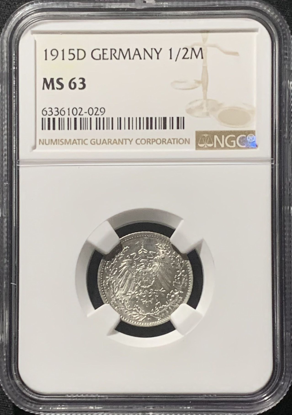 紫瑗钱币——第160期拍卖 德国 1915年 D版 第二帝国 1/2马克 银币 NGC MS63
