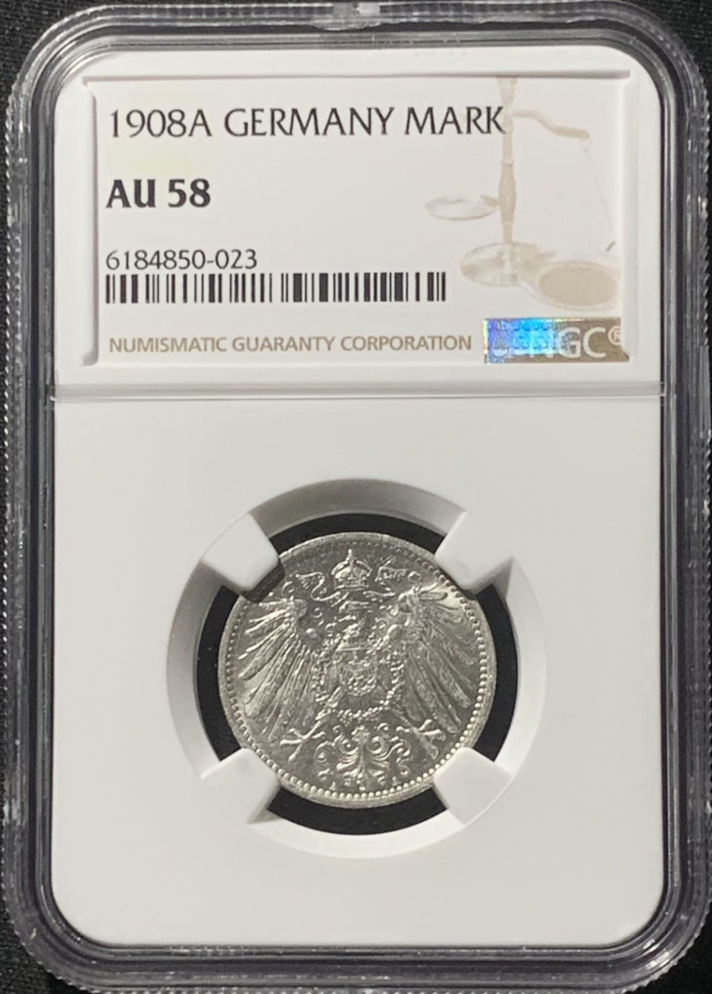 紫瑗钱币——第160期拍卖 德国 1908年 A版 第二帝国 长翅 1马克 银币 NGC AU58