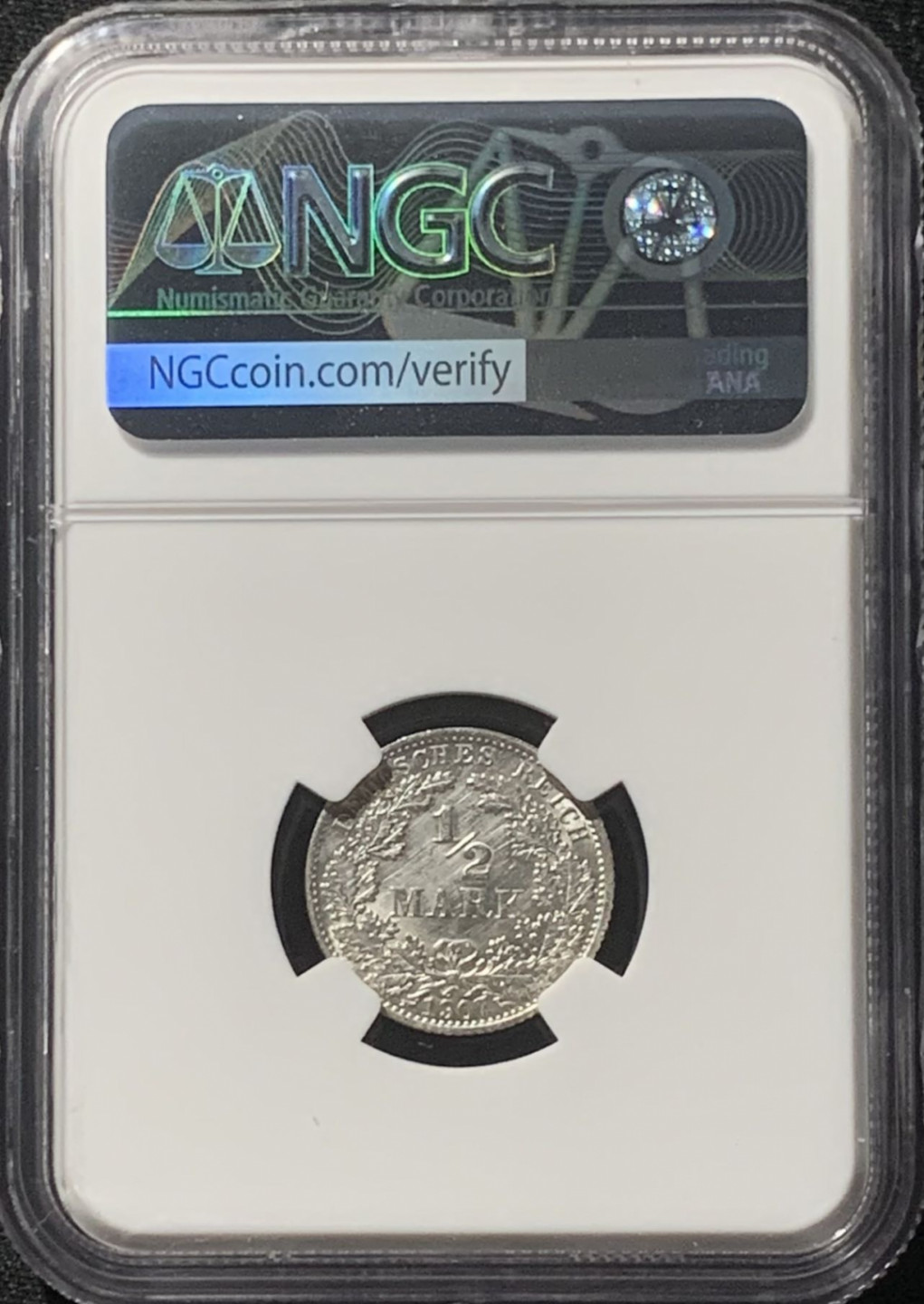 紫瑗钱币——第160期拍卖 德国 1907年 A版 第二帝国 1/2马克 银币 NGC UNC Detail