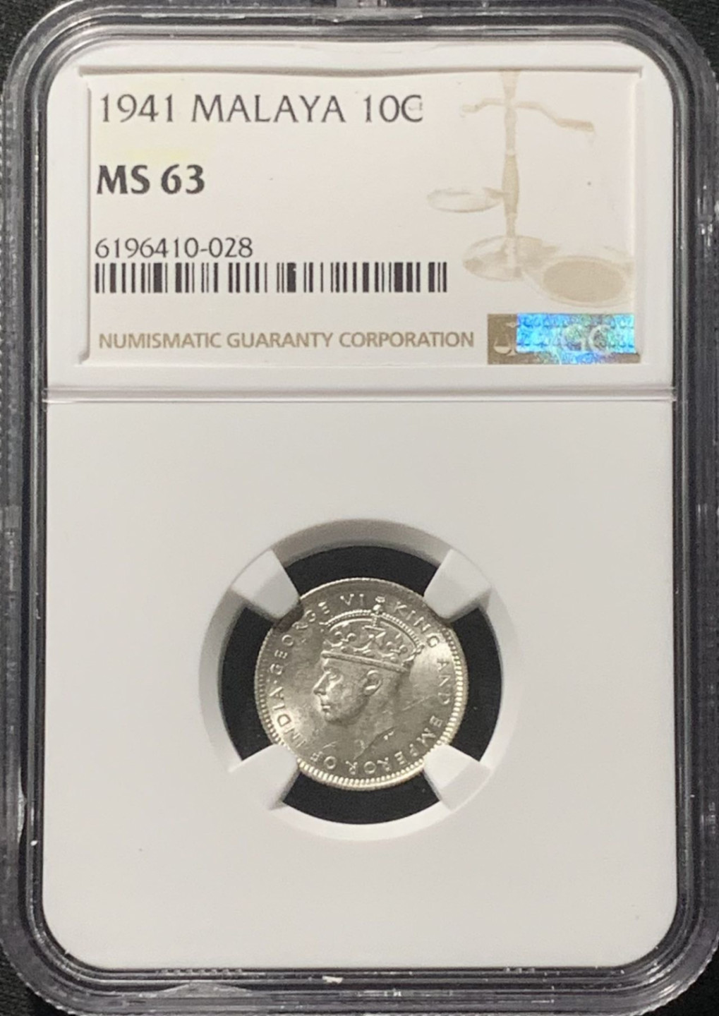 紫瑗钱币——第160期拍卖 马来亚 1941年 乔治六世 10分 银币 NGC MS63