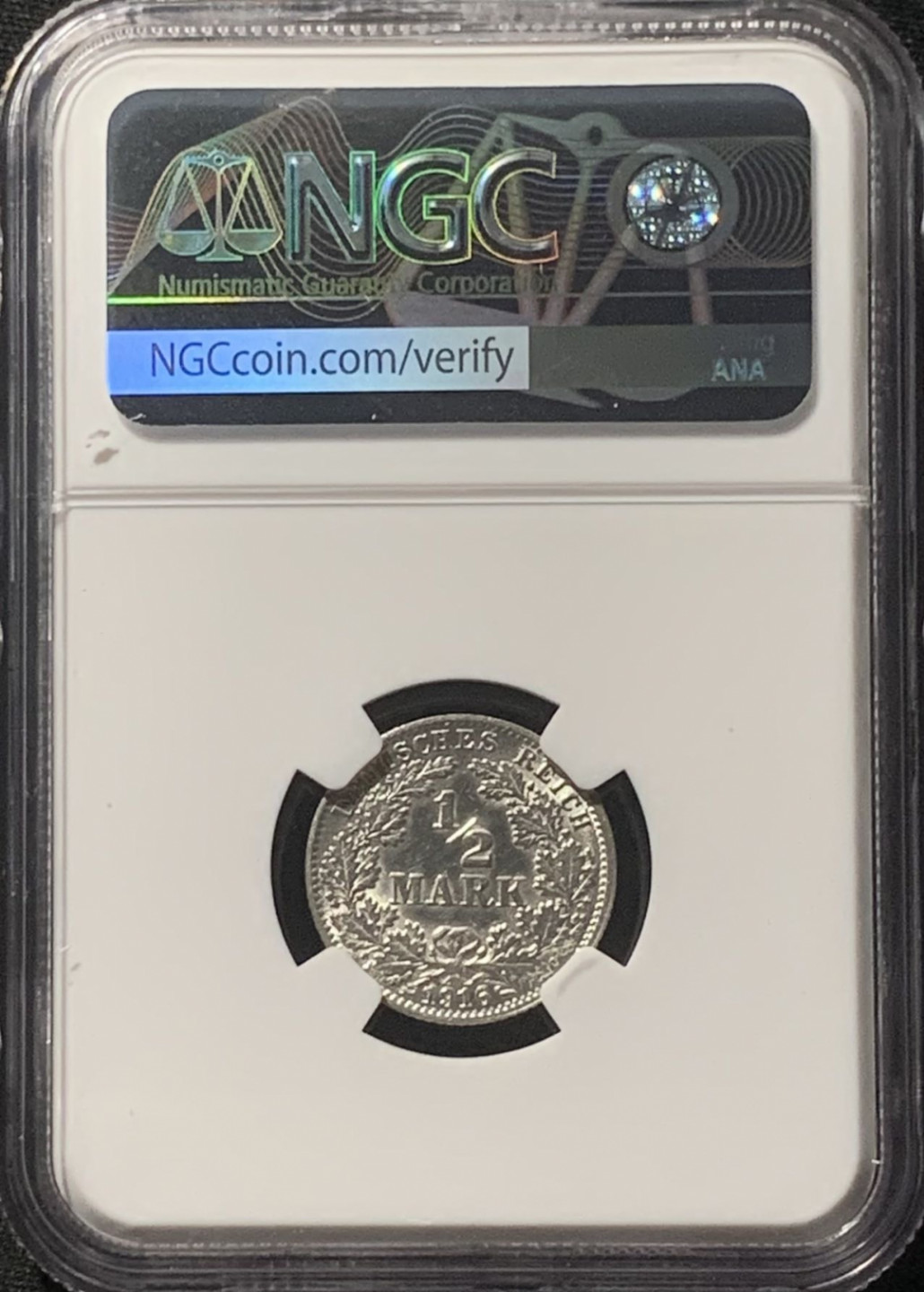 紫瑗钱币——第160期拍卖 德国 1916年 A版 第二帝国 1/2马克 银币 NGC AU Detail