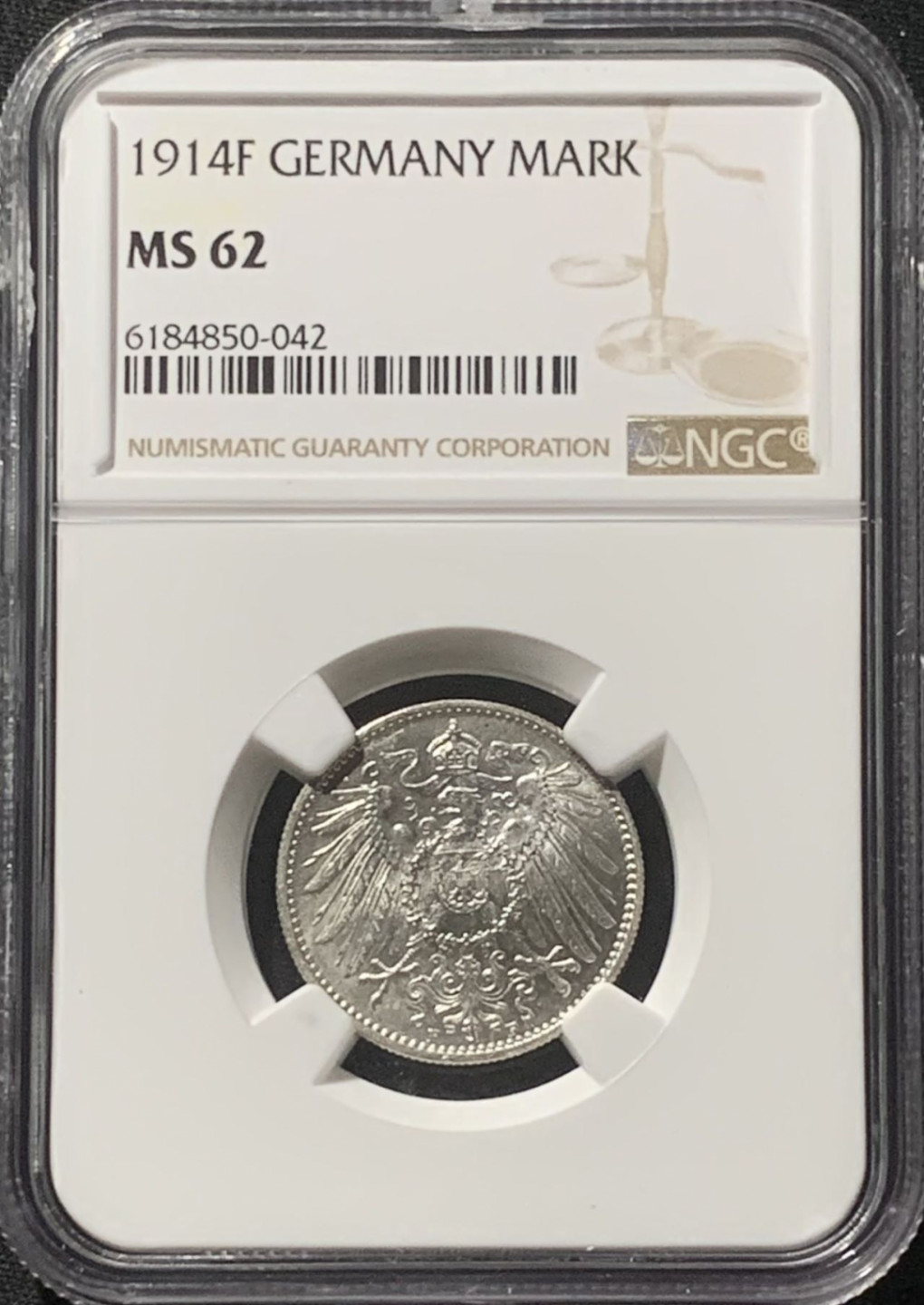 紫瑗钱币——第160期拍卖 德国 1914年 F版 第二帝国 长翅 1马克 银币 NGC MS62