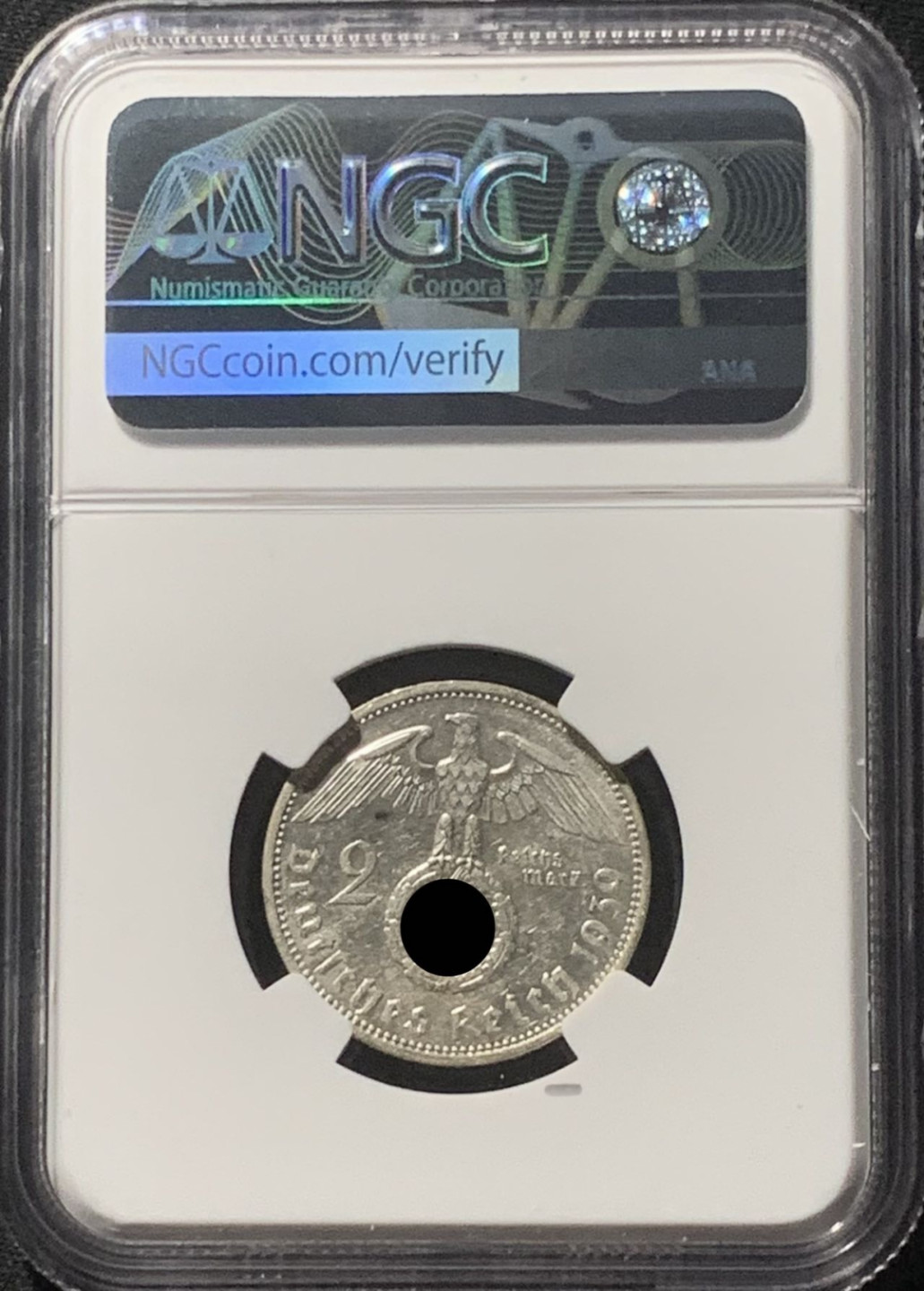 紫瑗钱币——第160期拍卖 德国 1939年 A版 兴登堡 字符版 2马克 银币 NGC AU Detail