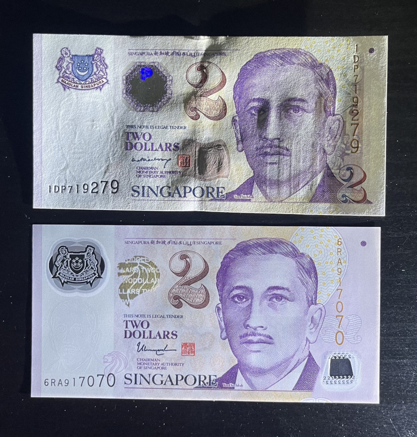 【丑猫1226】今晚7点整，全自动快拍。 新加坡2元一对unc(塑料、纸钞)