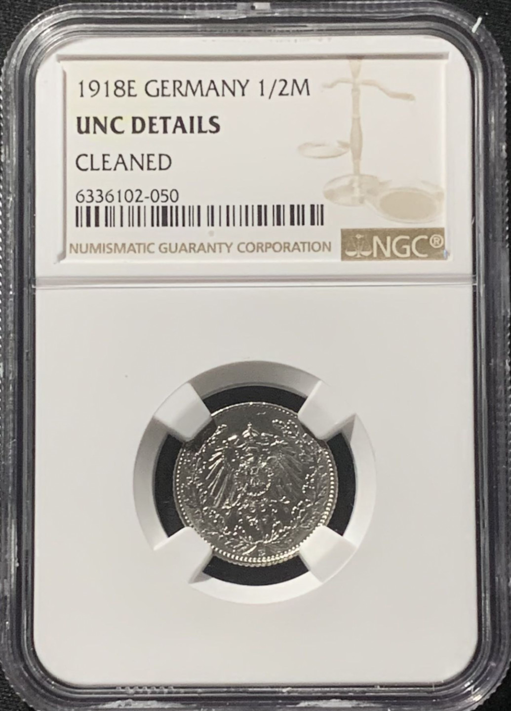 紫瑗钱币——第160期拍卖 德国 1918年 E版 第二帝国 1/2马克 银币 NGC UNC Detail