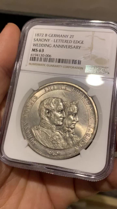 《竞宝斋》钱币微拍-第23场（全场顺丰包邮） ngc-ms63 1872年萨克森金婚泰勒 原光大银包浆舒服 远超马克的工艺和浮雕 细节丰富 37g拿在手里很满足 发行量4.8万枚 最后的两泰勒 关门币