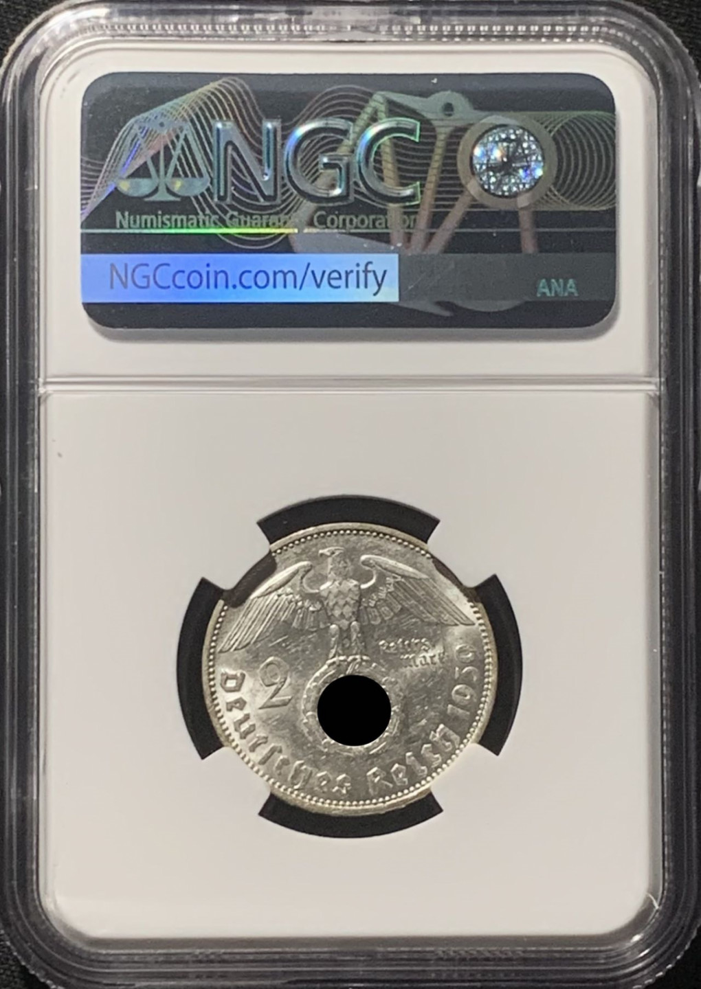 紫瑗钱币——第160期拍卖 德国 1939年 J版 兴登堡 字符版 2马克 银币 NGC AU58