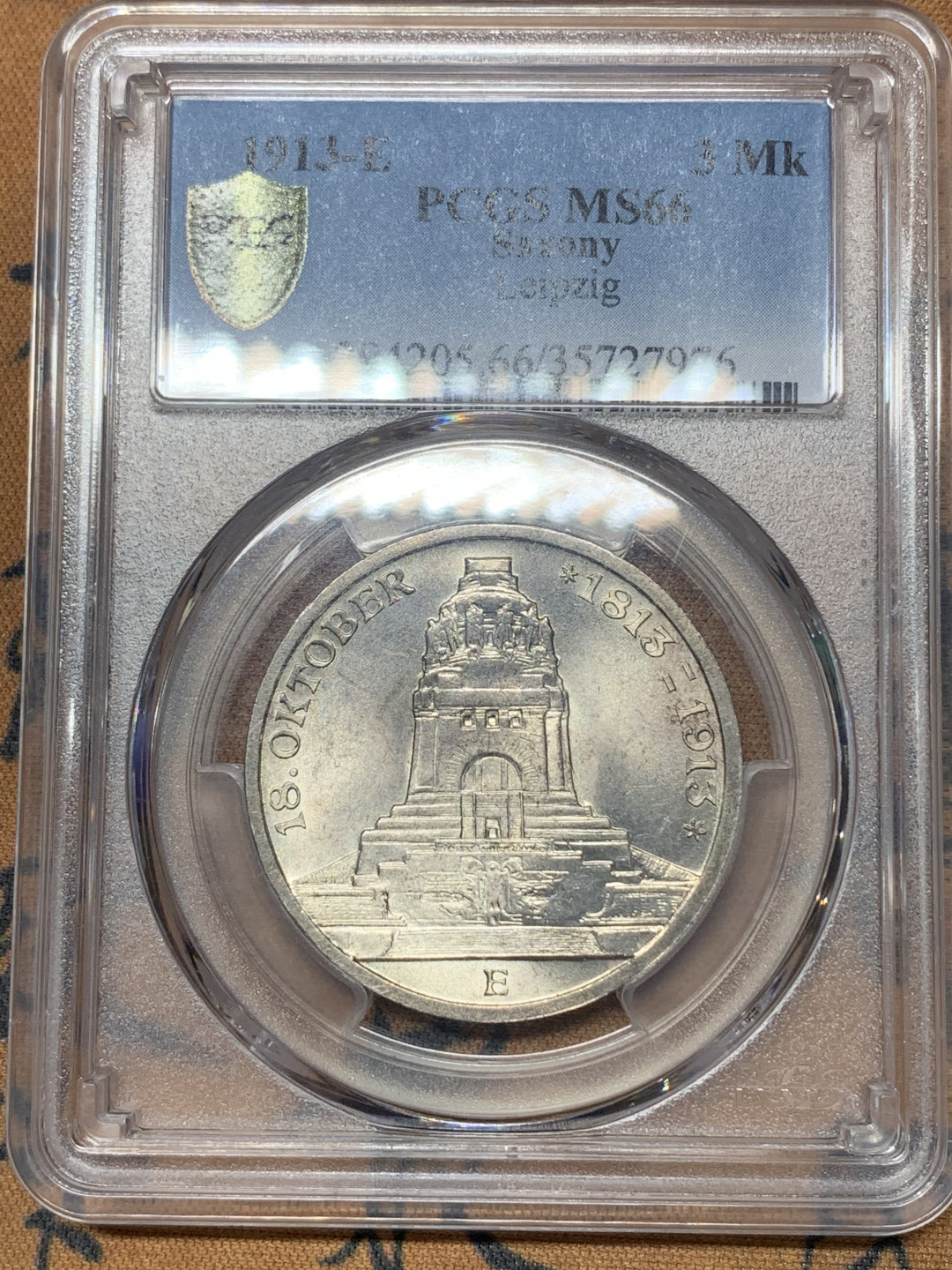 《竞宝斋》钱币微拍-第23场（全场顺丰包邮） PCGS MS66 顶级状态 德国1913年 莱比锡建功碑 萨克森3马克