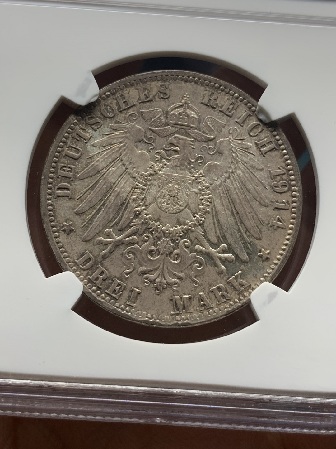 《竞宝斋》钱币微拍-第23场（全场顺丰包邮） ngc-ms64 Eric P.Newman Collection 纽曼集藏 1914年巴伐利亚路德维希三世三马克 名家旧藏 欧陆炫彩老包浆 阳光沥鹰徽 梦回神罗