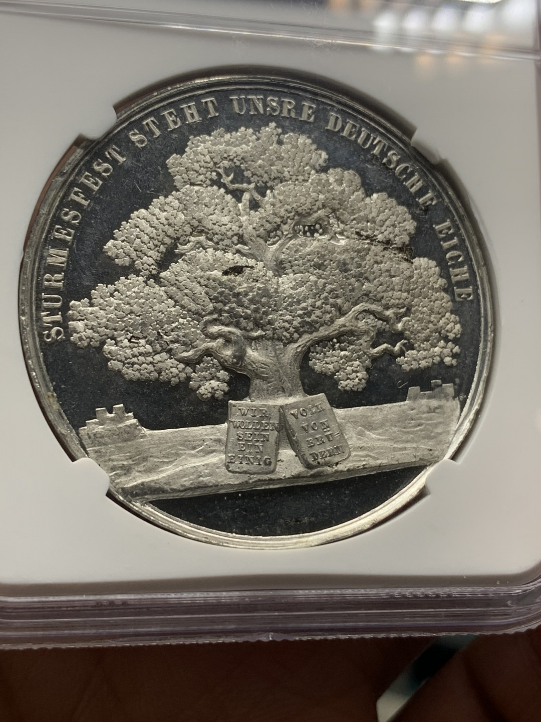 《竞宝斋》钱币微拍-第23场（全场顺丰包邮） ngc-ms66！1888三皇之年德意志帝国宰相俾斯麦国会演讲纪念章 高浮雕镜面工艺 状态完美 正面是俾斯麦的半身像、宝剑、权杖、国徽和演讲稿 背面的超大橡树是德意志的国树 象征着坚毅不倒的民族精神 铭文：橡树是我们德意志祖国的守护神 数据库唯一冠军分 极稀