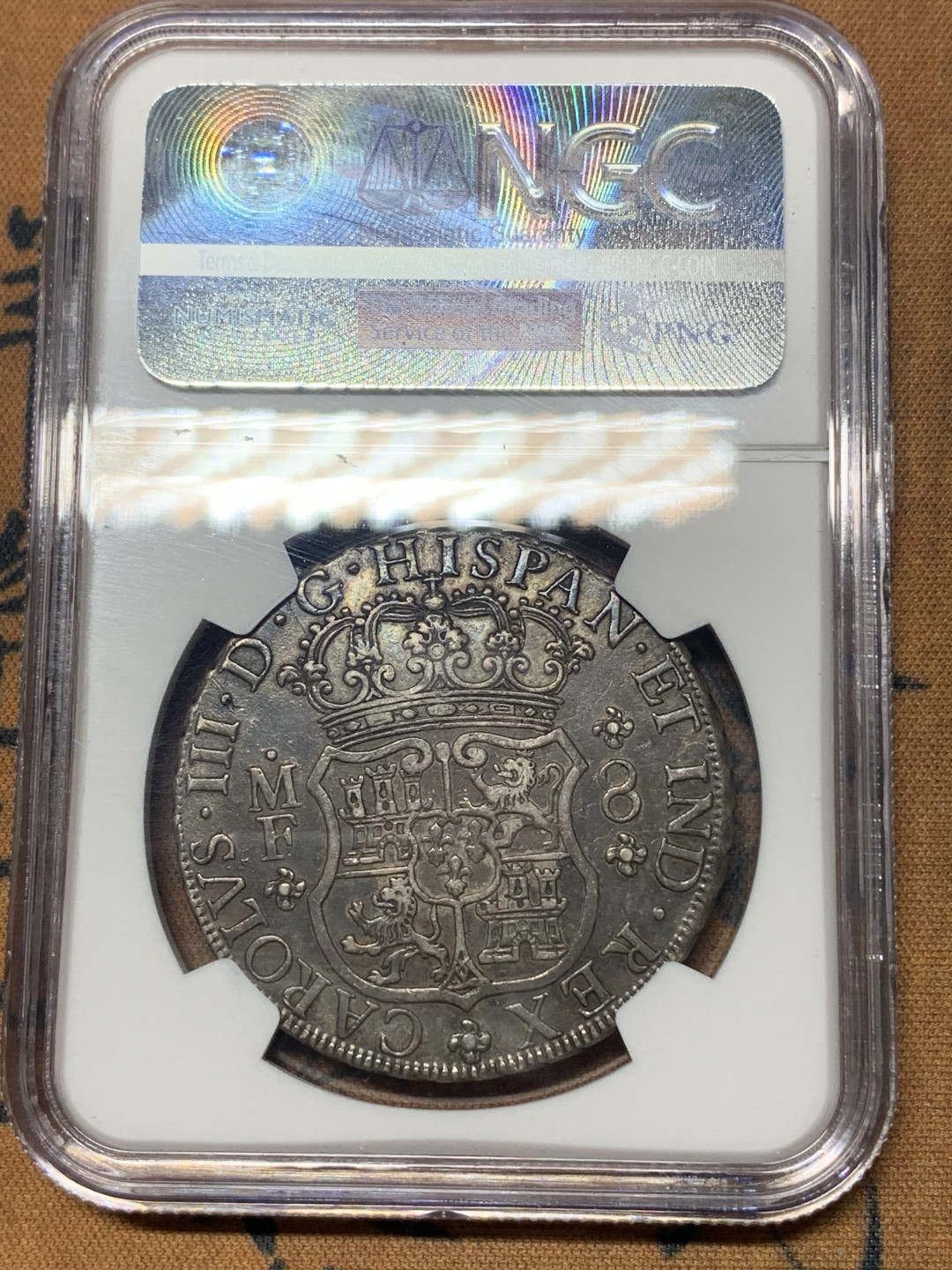 《竞宝斋》钱币微拍-第23场（全场顺丰包邮） NGC-XF45  骑字版1766/5年 墨西哥  双柱地球 骑字8 里亚尔银币  骑字非常少见  黑油彩  