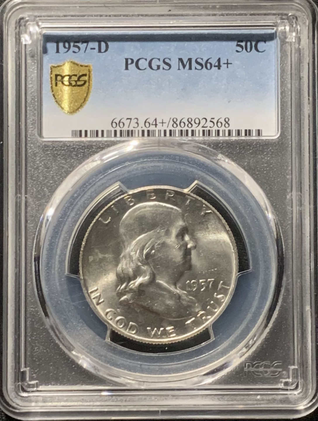 紫瑗钱币——第160期拍卖 美国 1957年 D版 富兰克林 50美分 半美元 银币 PCGS MS64+