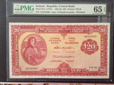 【Blue Auction】世界纸币精拍第149期——拉弗雷夫人（共82拍） - 【冠军分 仅2张】爱尔兰 早期 p67a 1961-65年20镑 PMG65EPQ 大票幅 拉佛雷夫人