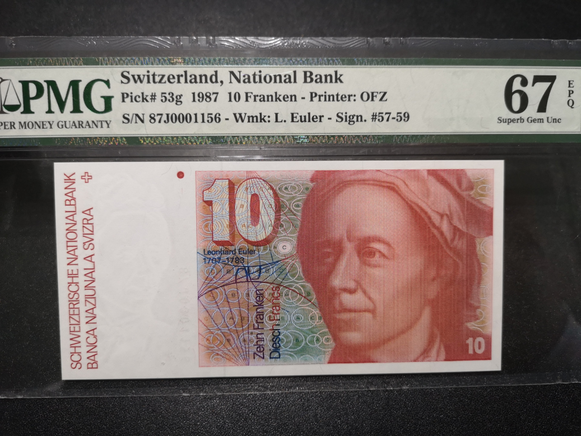 《外钞收藏家》第一百五十八期拍卖（本期111件） 1987年瑞士10法郎 PMG67 千位号（53g）