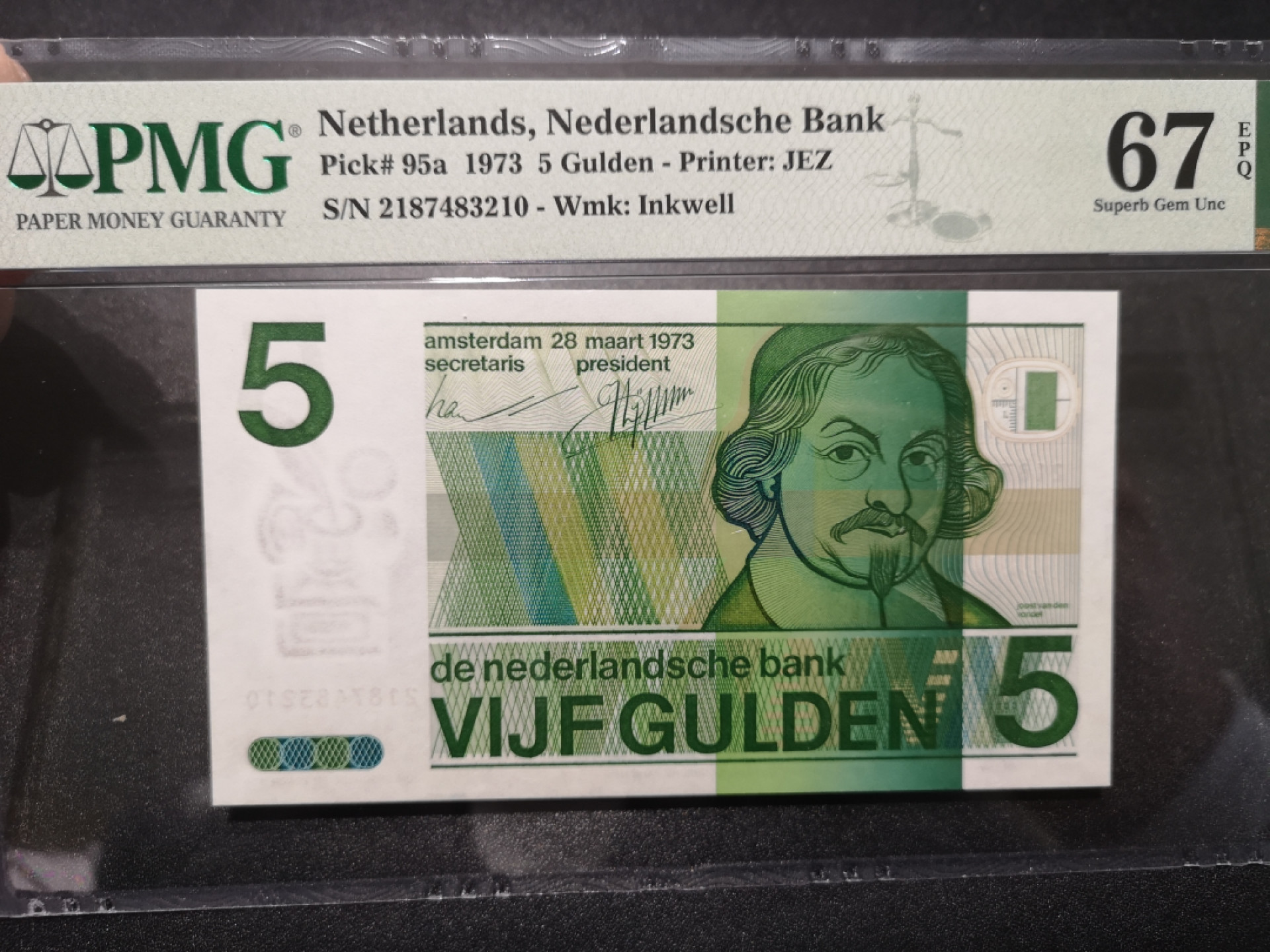 《外钞收藏家》第一百五十八期拍卖（本期111件） 1973年荷兰人像版5盾 PMG67