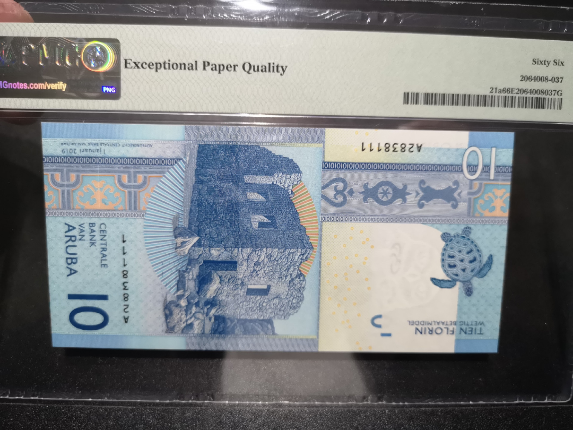 《外钞收藏家》第一百五十八期拍卖（本期111件） 2019年阿鲁巴10 A冠无47豹子号111 PMG66