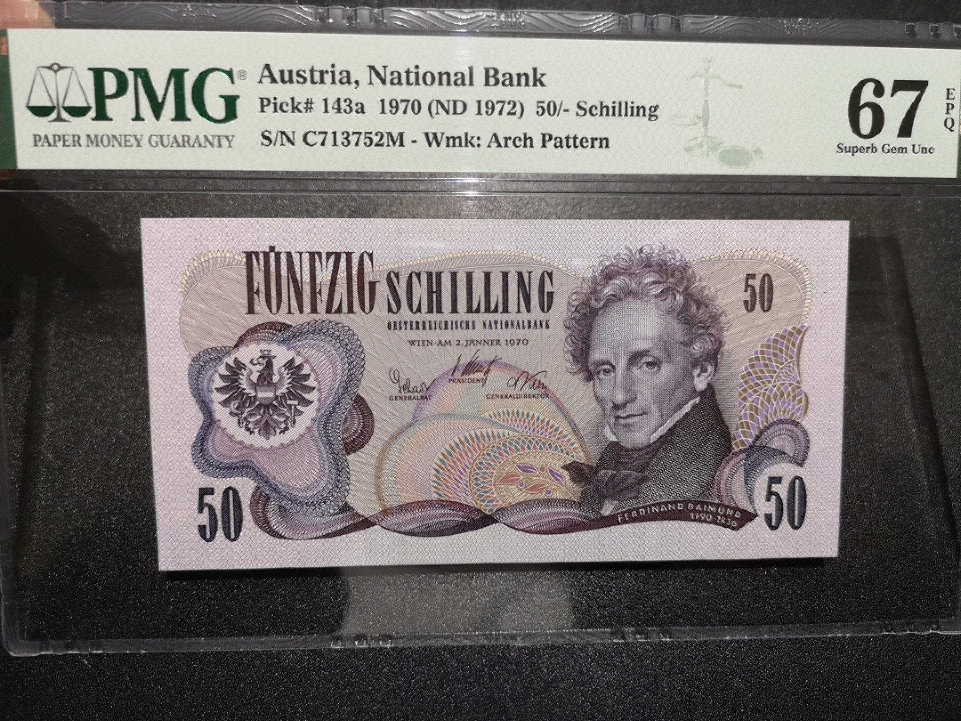 《外钞收藏家》第一百五十八期拍卖（本期111件） 1970年奥地利50先令 PMG67