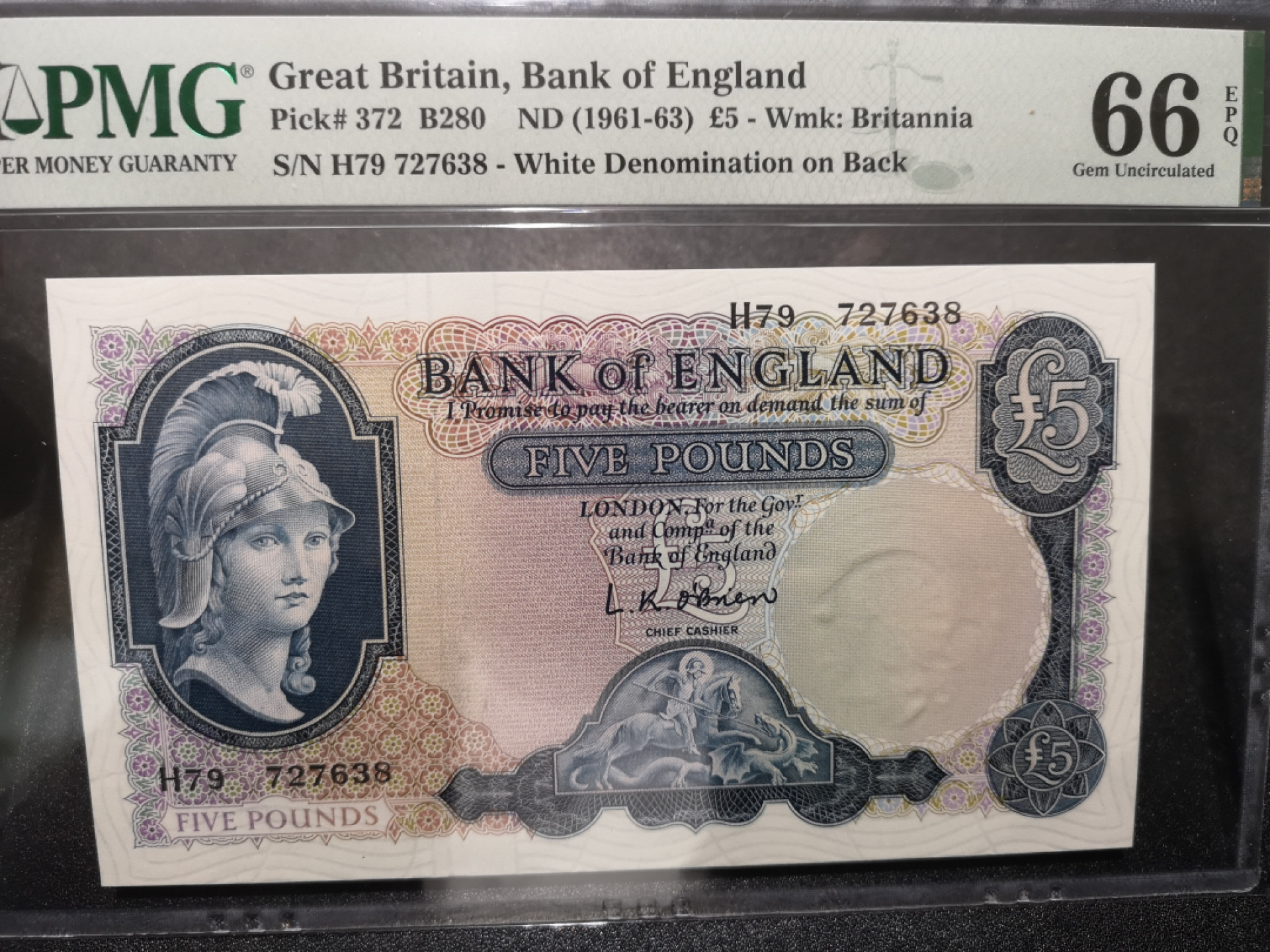《外钞收藏家》第一百五十八期拍卖（本期111件） 英国B序列5镑 PMG66 空心版