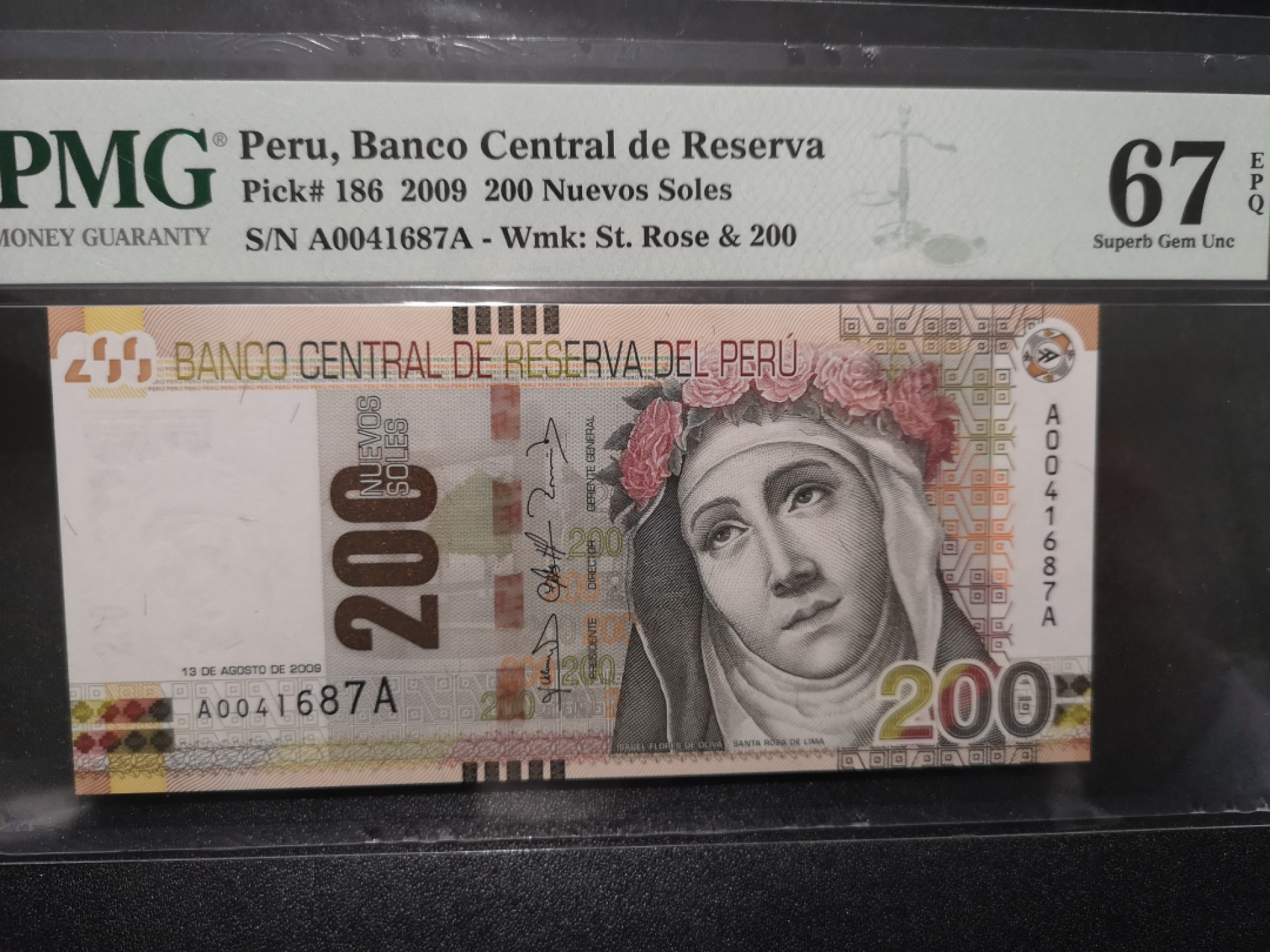 《外钞收藏家》第一百五十八期拍卖（本期111件） 2009年秘鲁200 AA冠 PMG67 冠军分