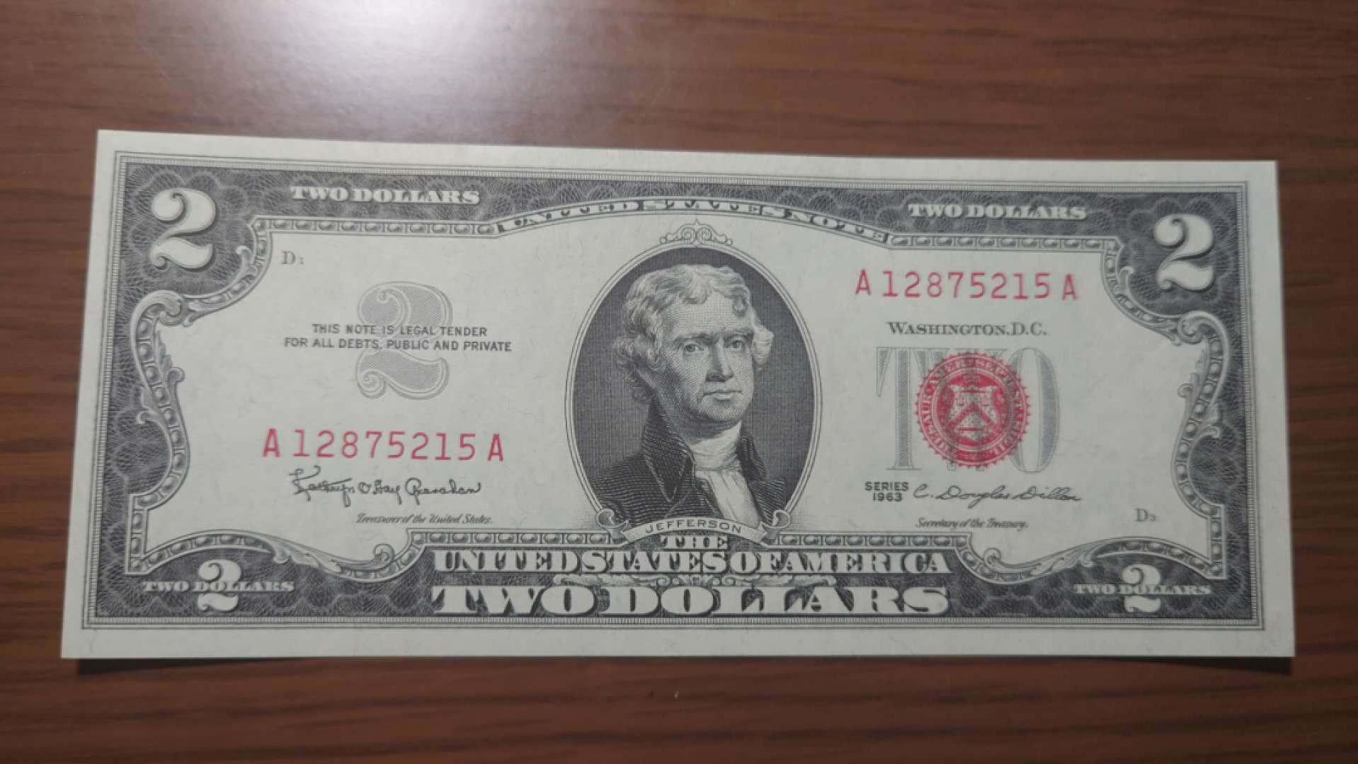 今晚八点半【囧羊收藏】精选微拍第43期暨2021年第三十四期 世界纸币精选 【一口价售出，勿出价】1963年美国2元 红库印 全程无4 全新UNC