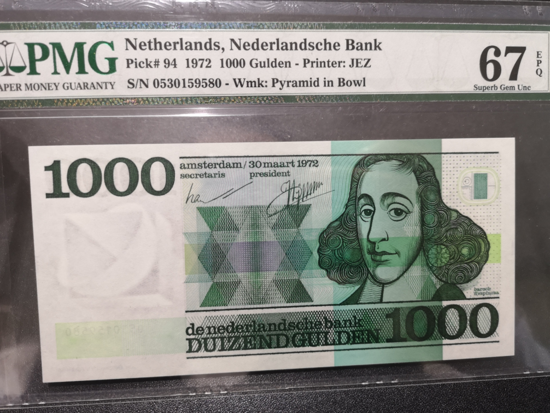 《外钞收藏家》第一百五十八期拍卖（本期111件） 1972年荷兰人像版1000盾 PMG67 无47斯宾诺莎 亚军分