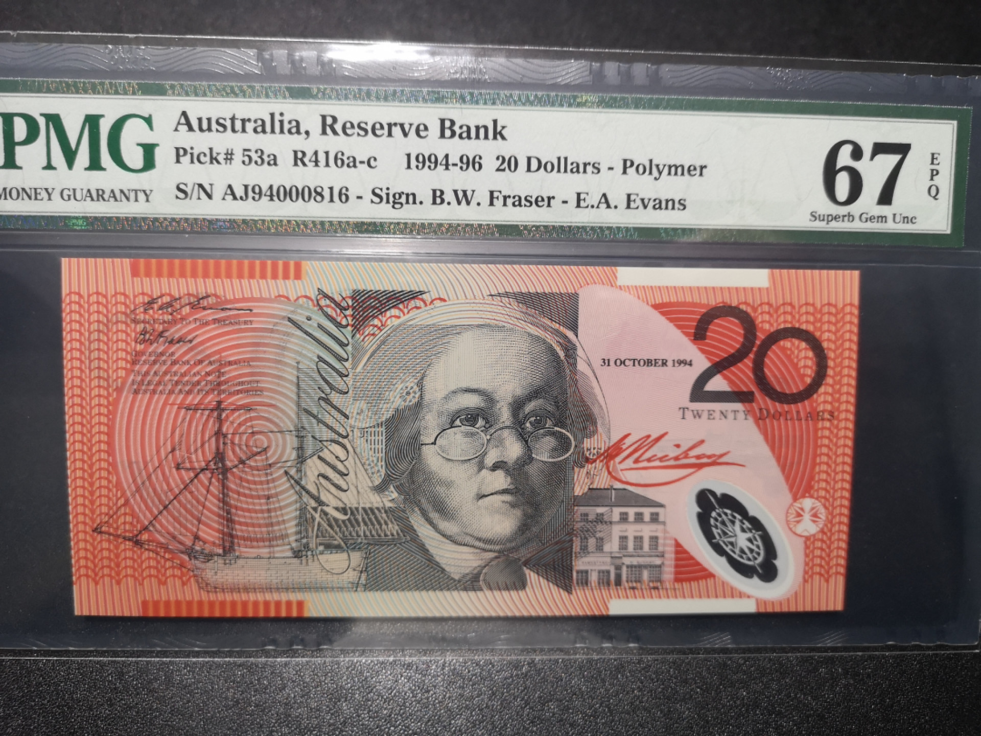 《外钞收藏家》第一百五十八期拍卖（本期111件） 1994年澳大利亚20 816百位号 PMG67