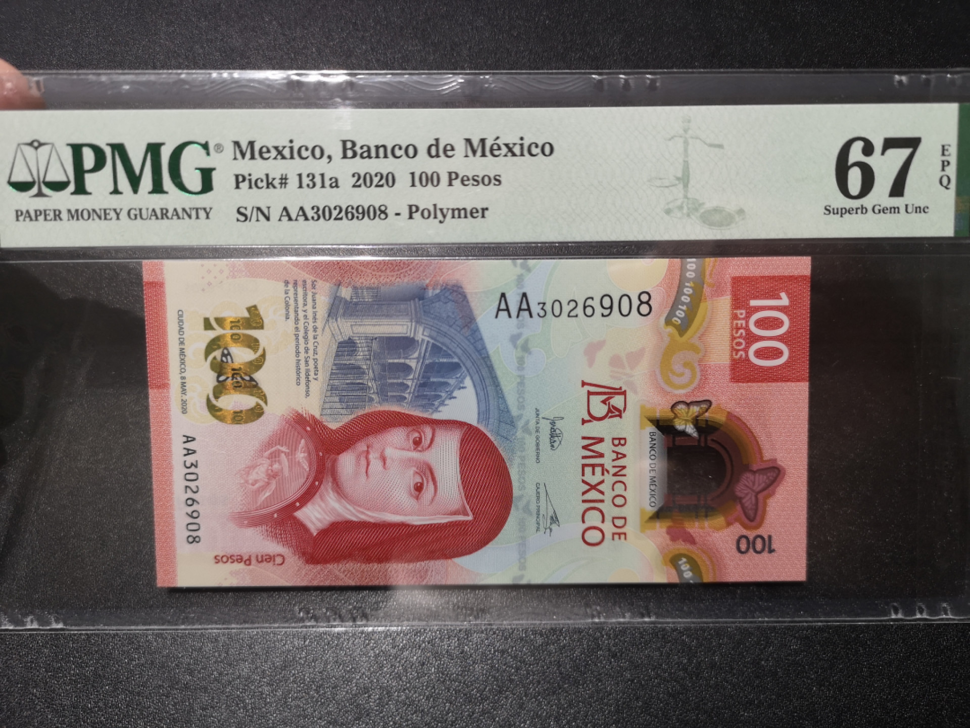 《外钞收藏家》第一百五十八期拍卖（本期111件） 2020年墨西哥100 AA冠 无47尾8 PMG67