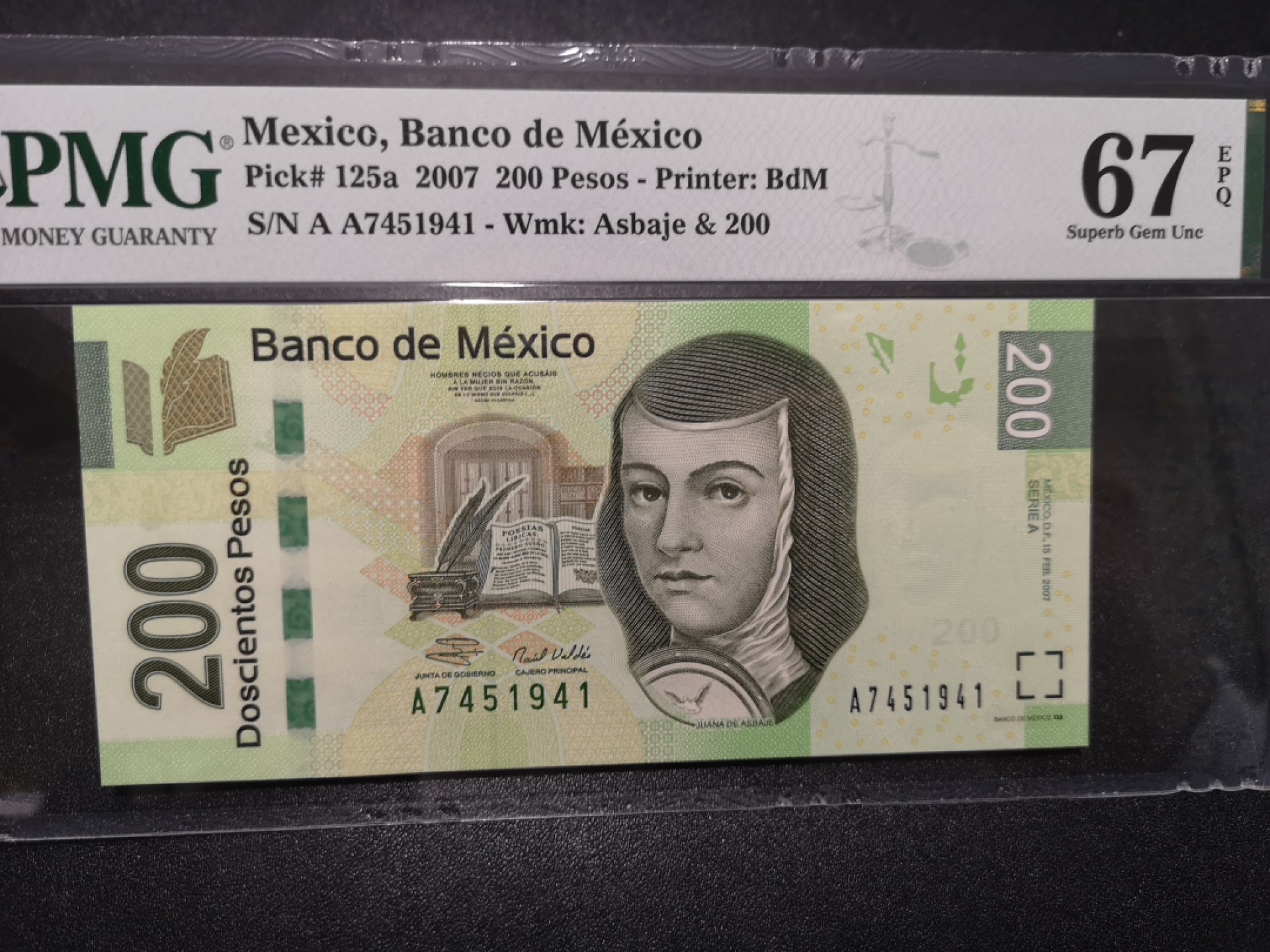 《外钞收藏家》第一百五十八期拍卖（本期111件） 2007年墨西哥200比索 AA冠 PMG67 冠军分