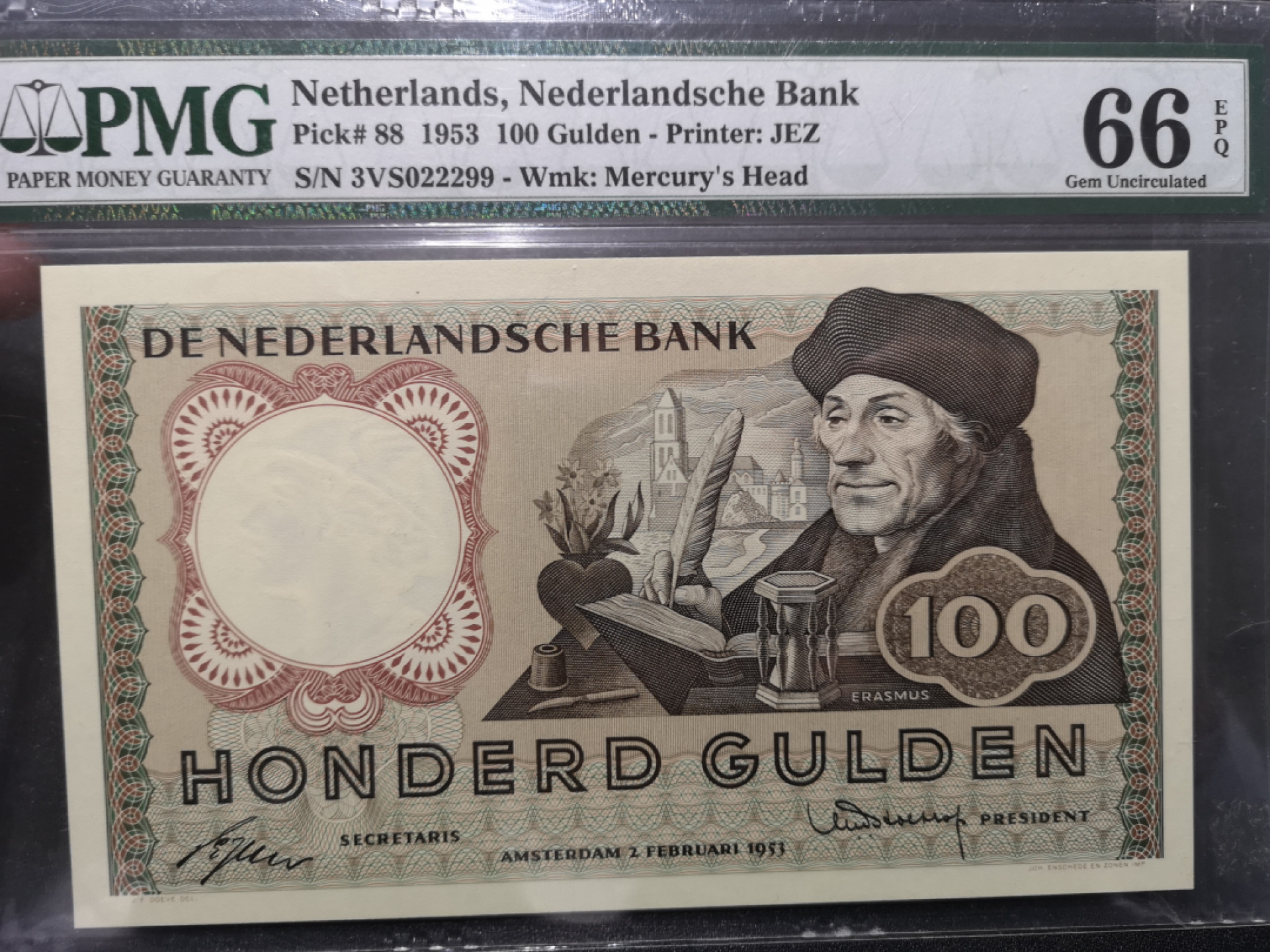《外钞收藏家》第一百五十八期拍卖（本期111件） 1953年荷兰100盾 PMG66 无47靓号 亚军分