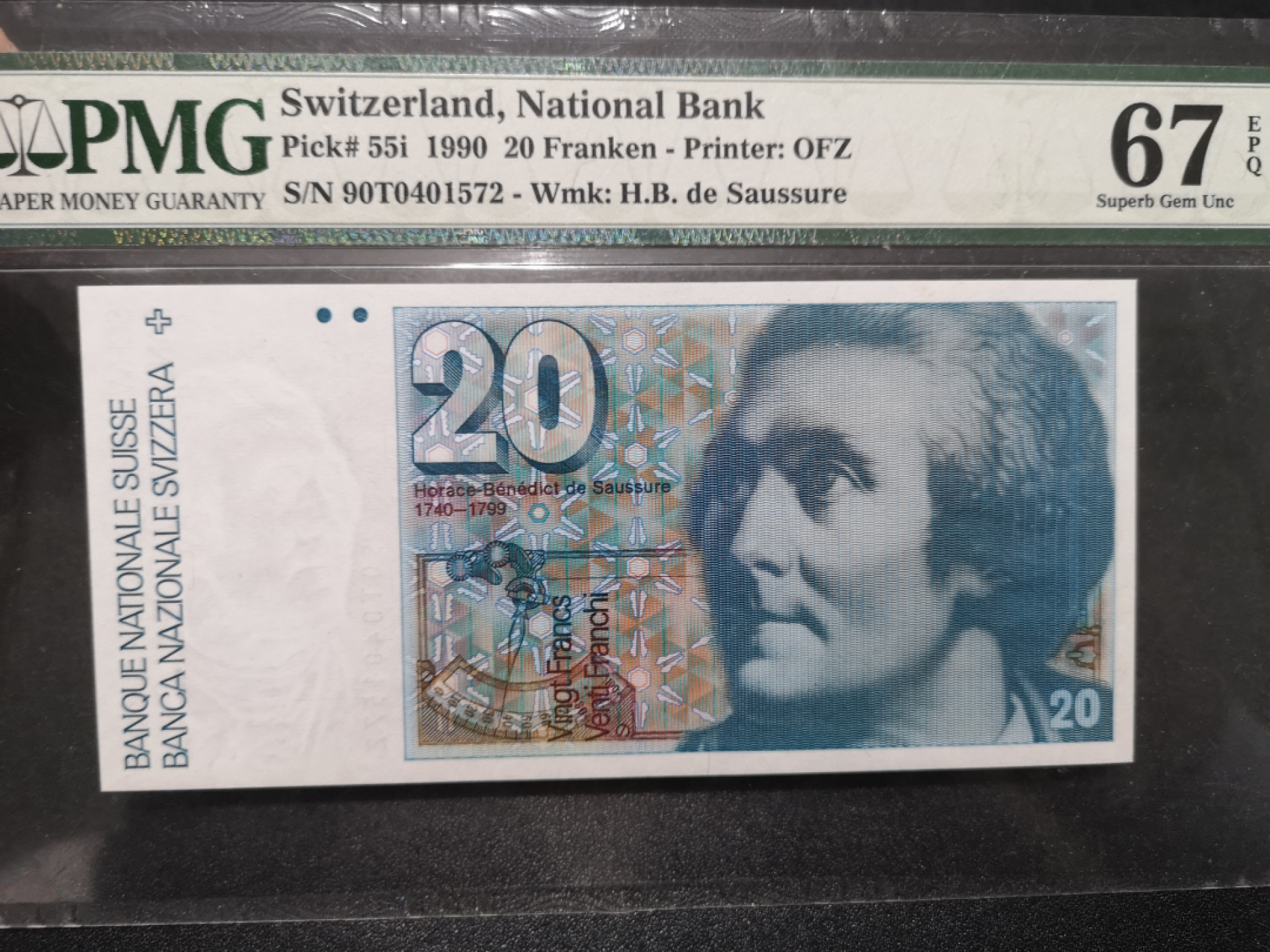 《外钞收藏家》第一百五十八期拍卖（本期111件） 1990年瑞士20法郎 PMG67 无47（55i）