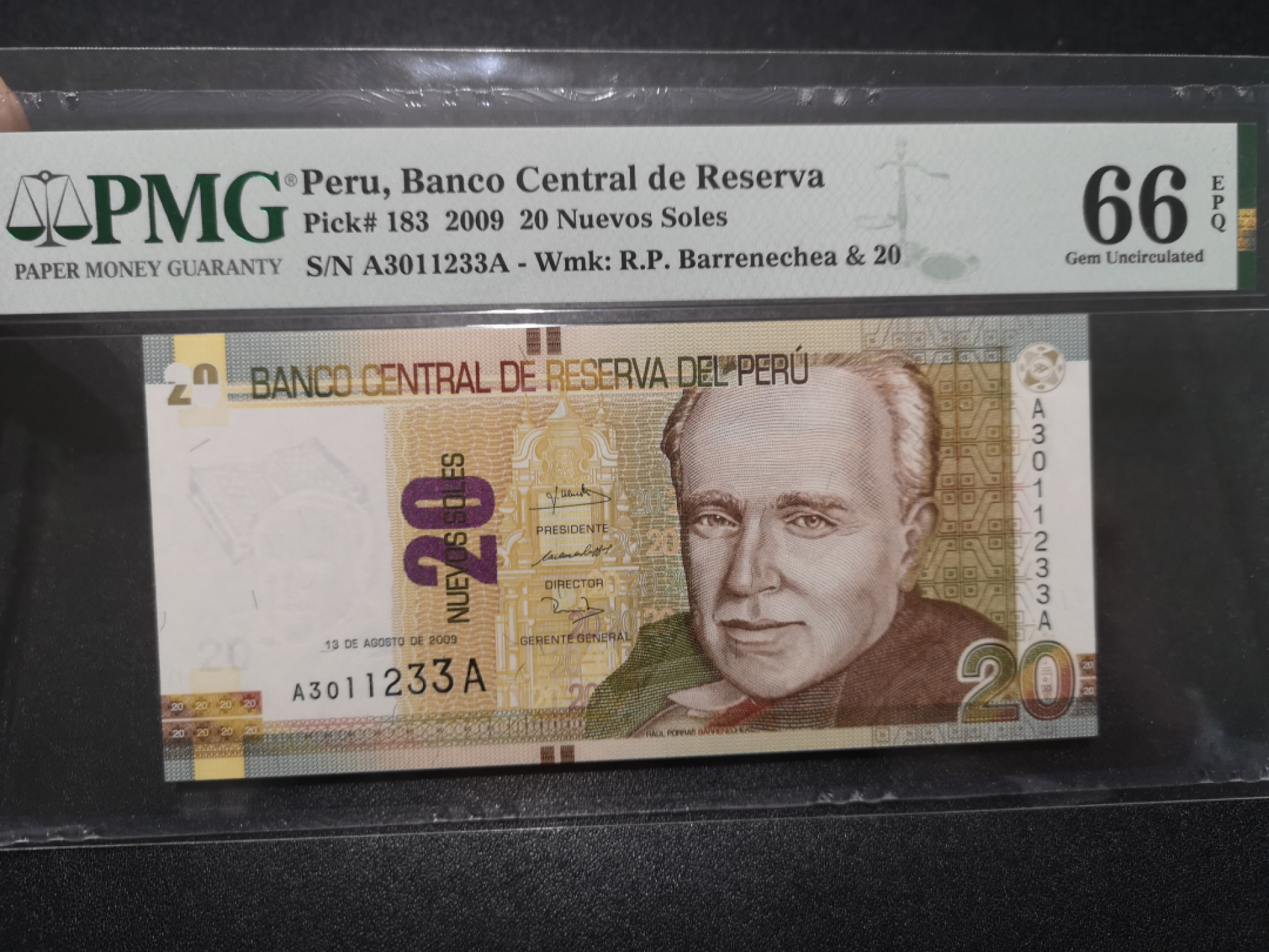 《外钞收藏家》第一百五十八期拍卖（本期111件） 2009年秘鲁20 AA冠 无47靓号 PMG66 亚军分