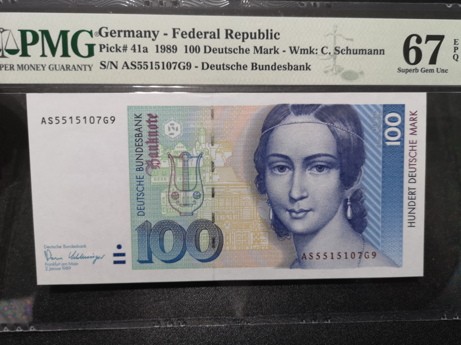 《外钞收藏家》第一百五十八期拍卖（本期111件） 1989年德国末版100马克 PMG67