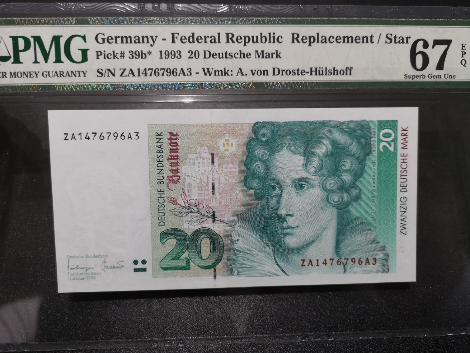 《外钞收藏家》第一百五十八期拍卖（本期111件） 1993年德国末版20马克 PMG67 补号