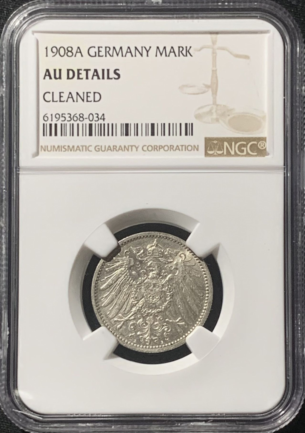 紫瑗钱币——第244期拍卖 德国 1908年 A版 第二帝国 长翅 1马克 银币 NGC AU Detail